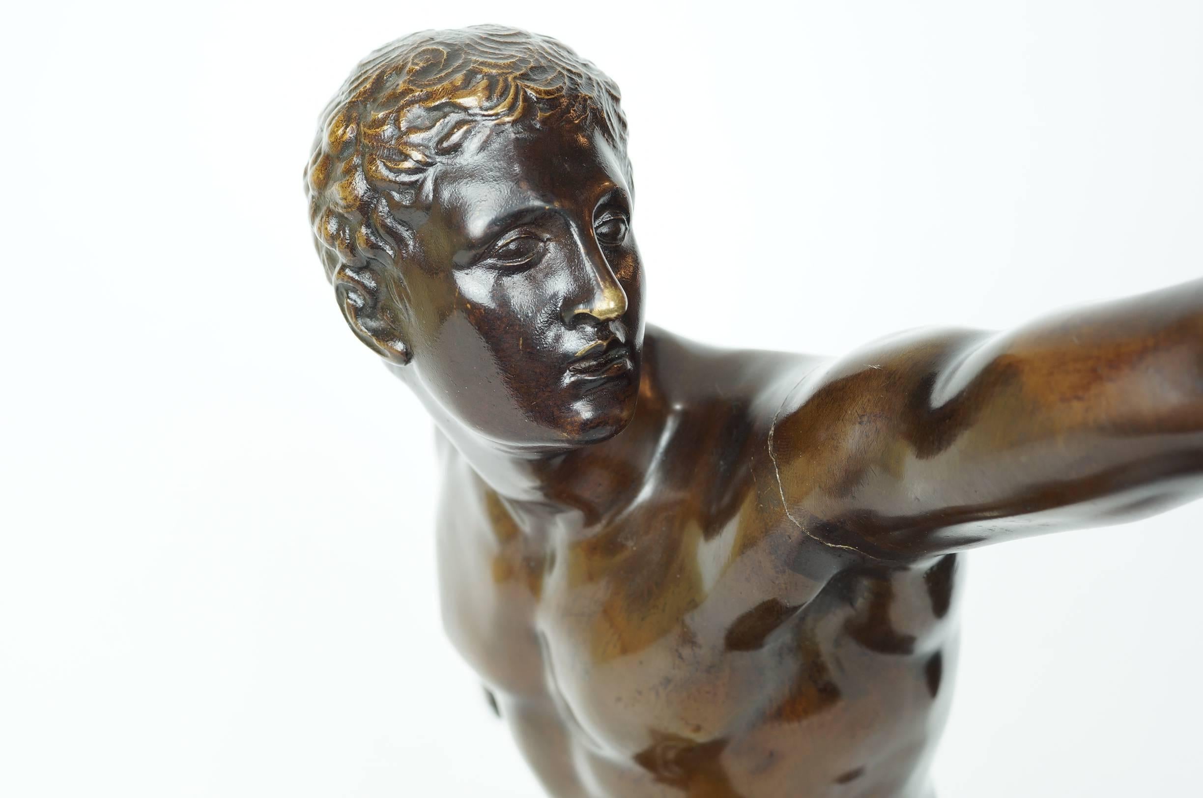 Patinated Bronze Figure of a Standing Wrestler on Marble Base Morreau, France In Excellent Condition In New York, NY