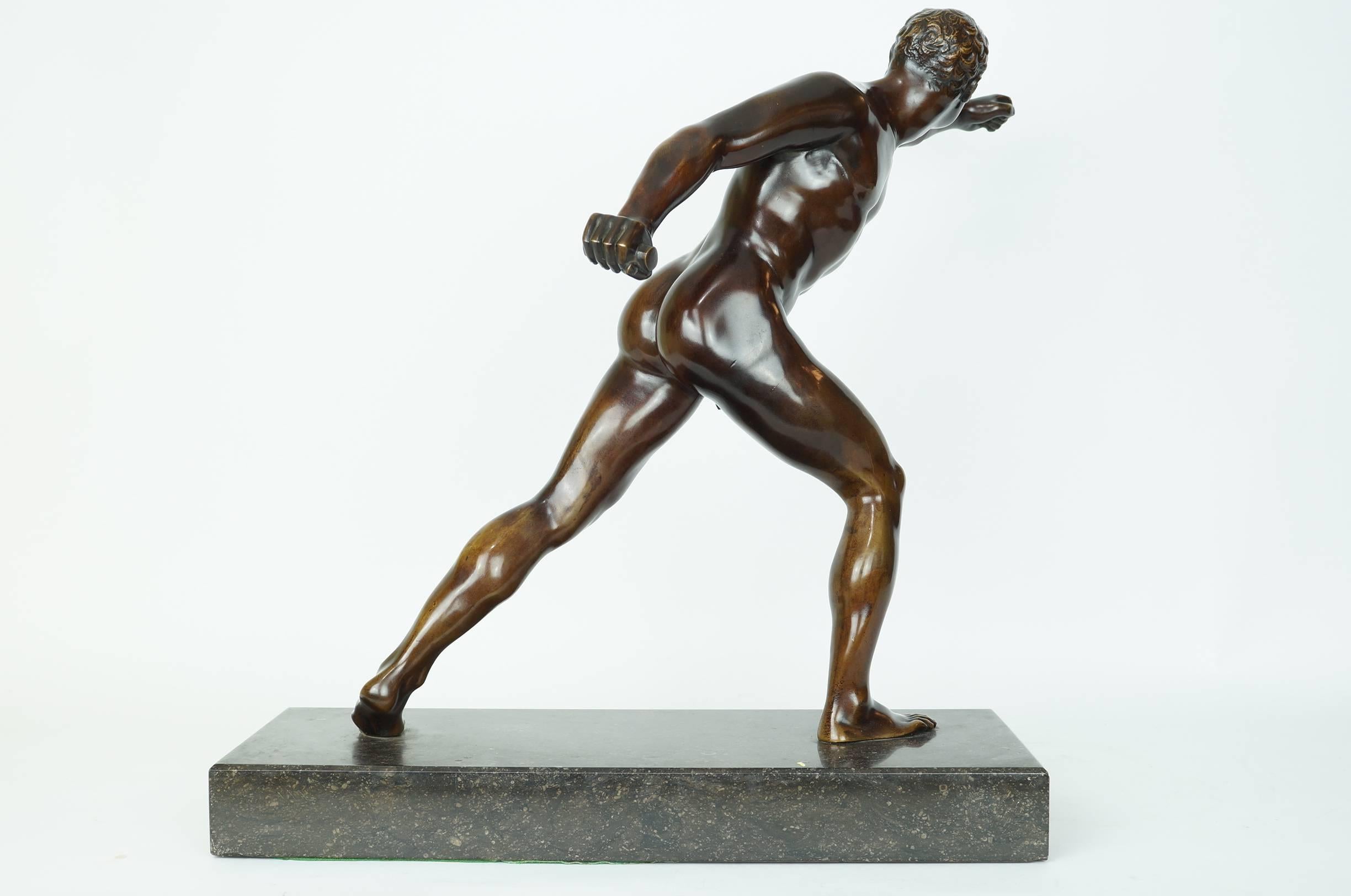 French Patinated Bronze Figure of a Standing Wrestler on Marble Base Morreau, France
