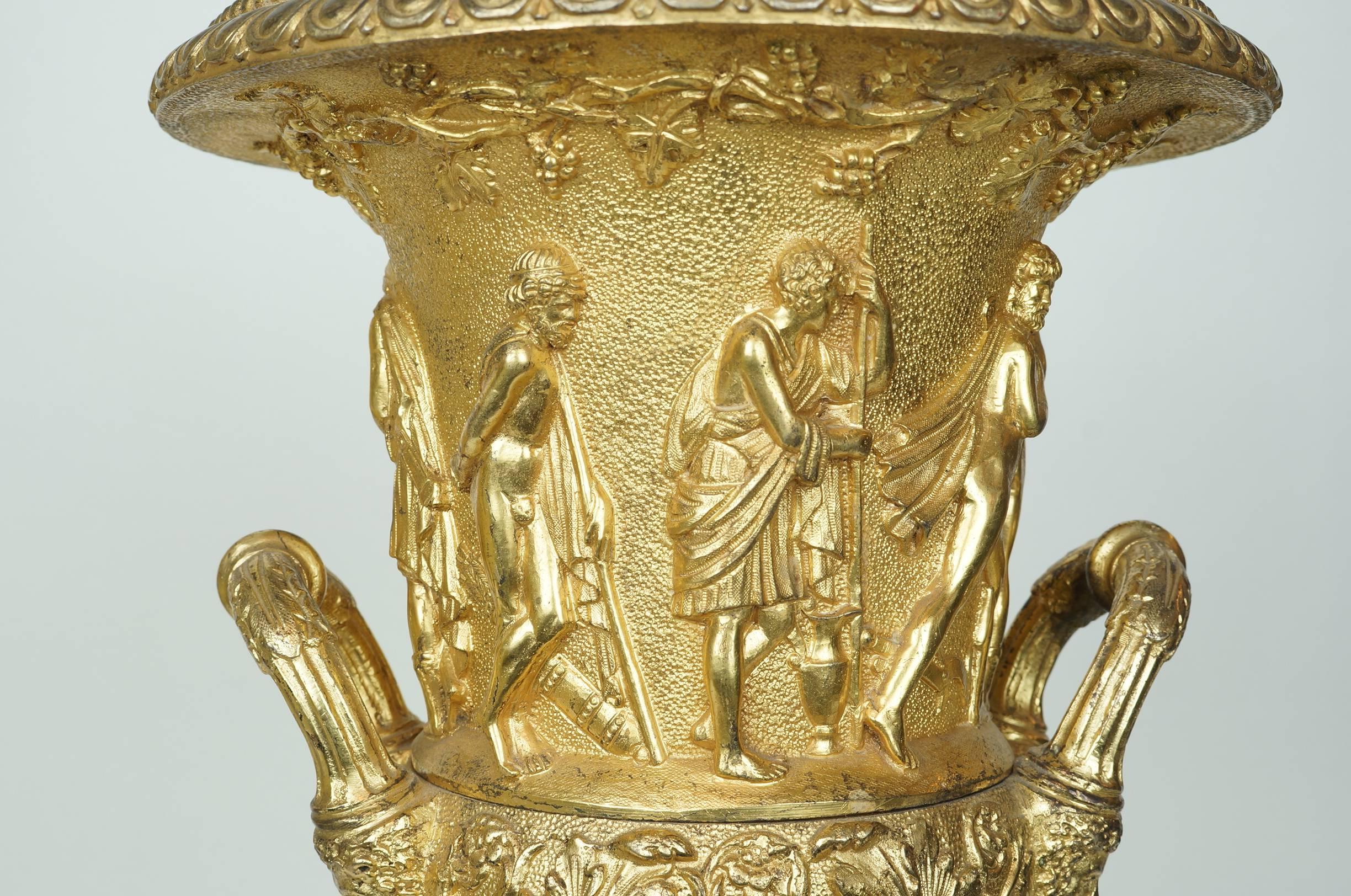 French Pair of Neoclassical Gilt Bronze Figural Medici Style Urns on Marble Base 