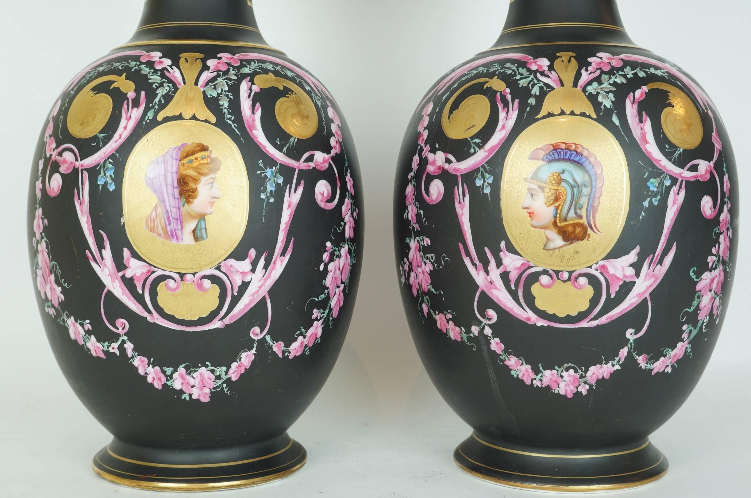 Pair of Neoclassical Porcelain Vases with Painted Portrait and Floral Decoration
Previously made into lamps with hole on bottom of base
Stock Number: DA132