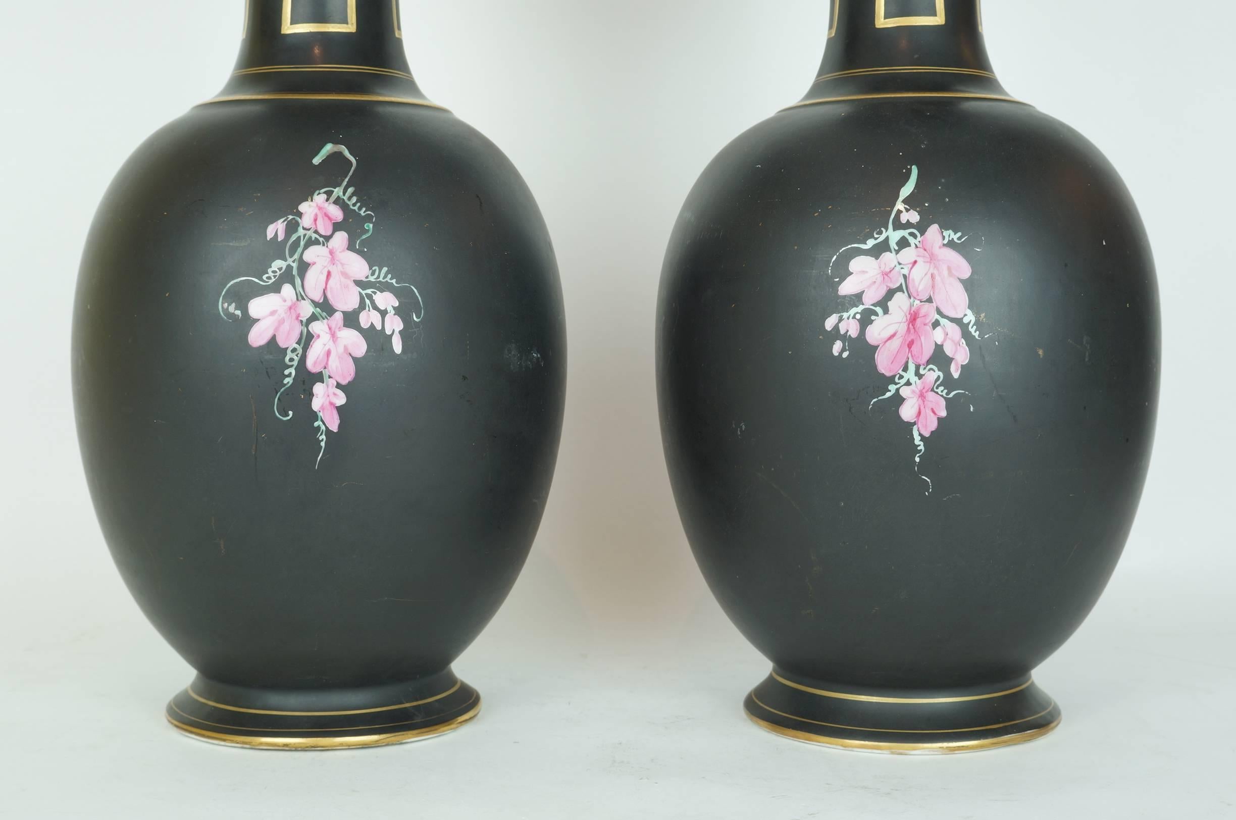 French Pair of Neoclassical Porcelain Vases with Painted Portrait and Floral Decoration