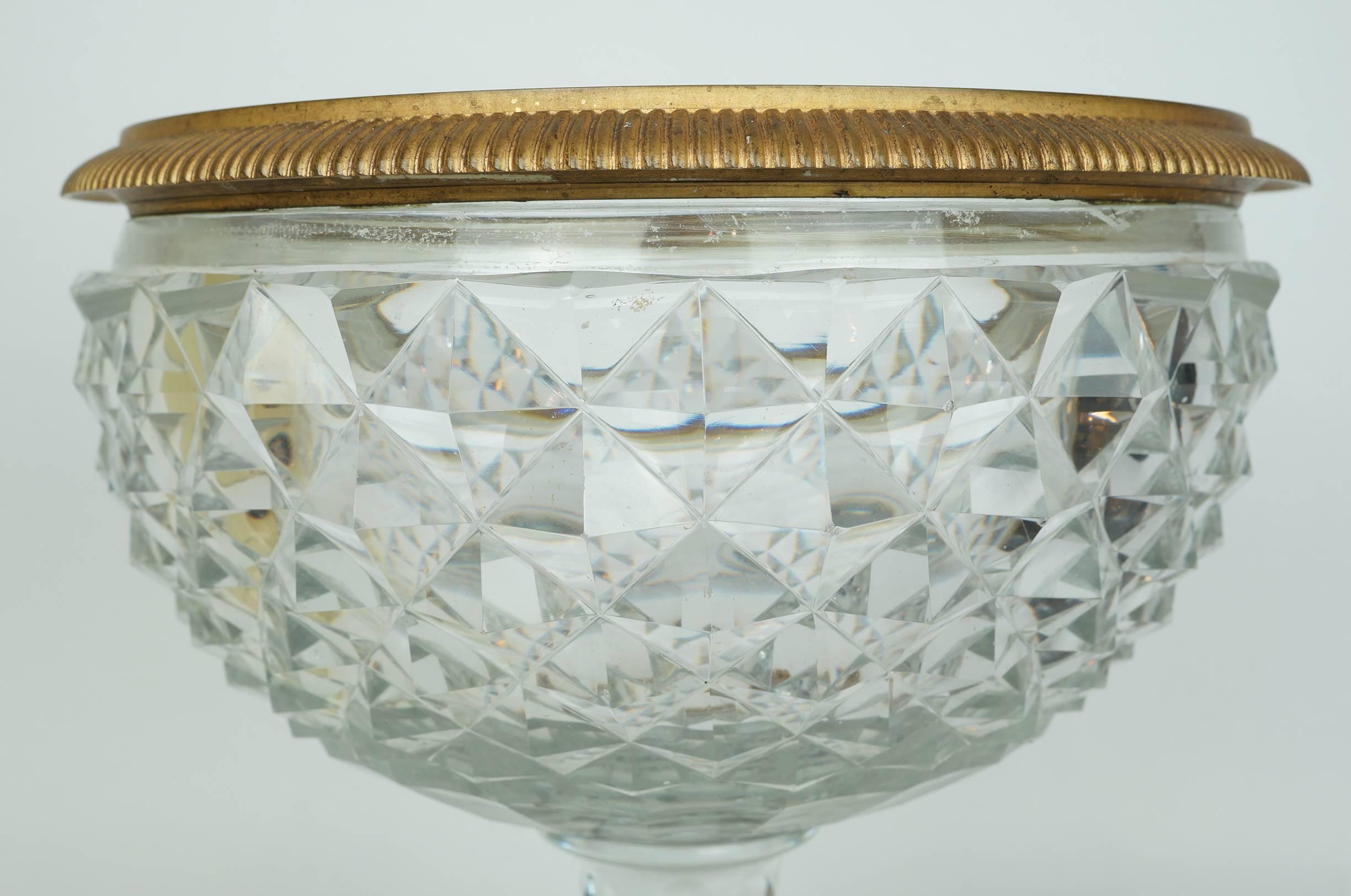 French Crystal and Bronze Round Footed Centerpiece Bowl with Deep Diamond Cut Body