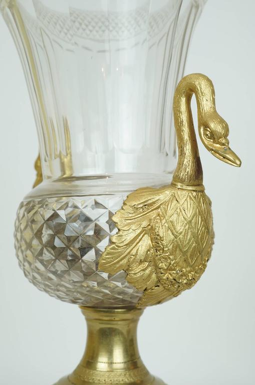 Pair of Crystal and Bronze Vases with Swan Handles For Sale at 1stDibs