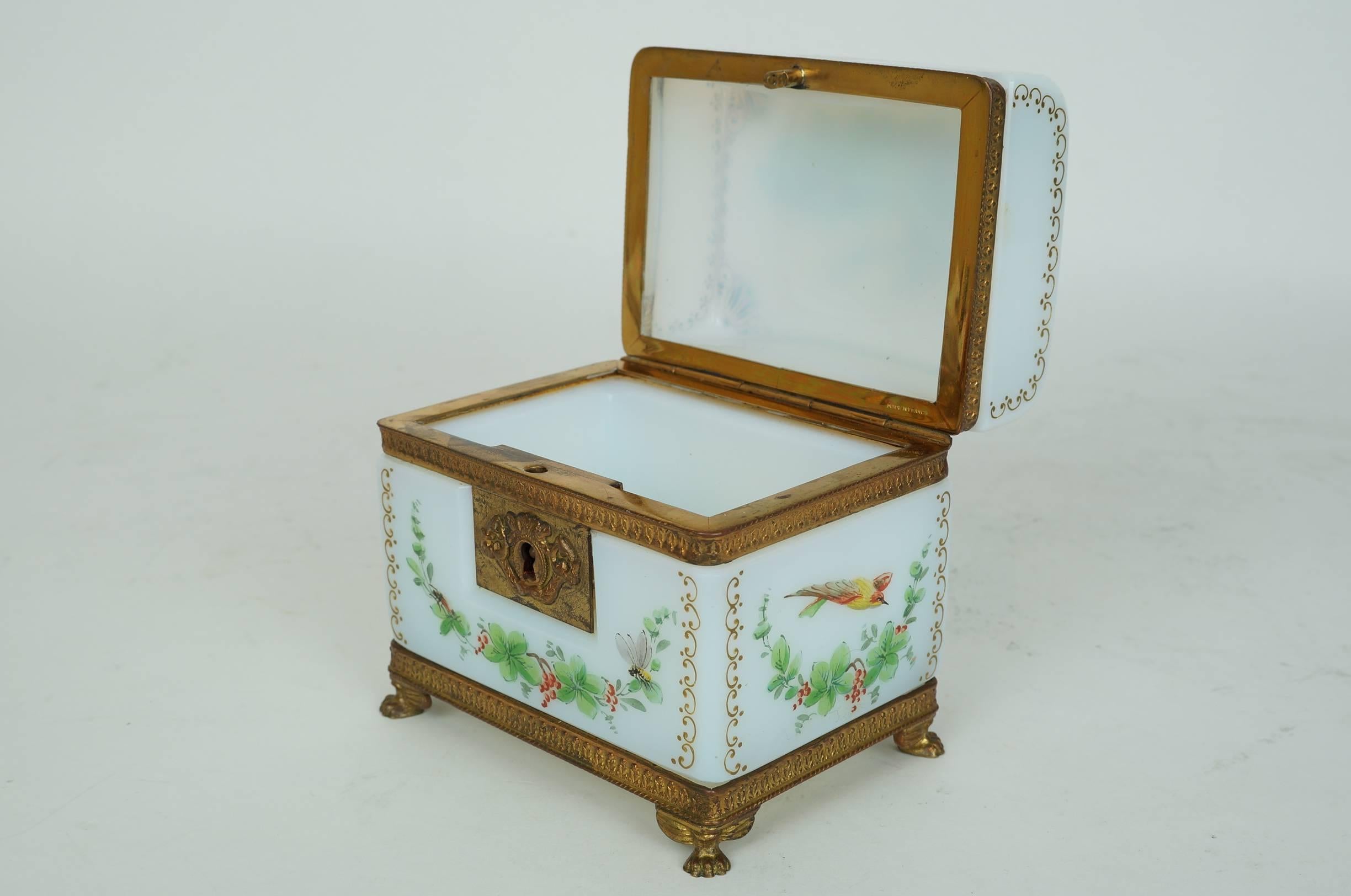 20th Century French White Opaline Jewelry Box with Painted Floral and Bird Decorations