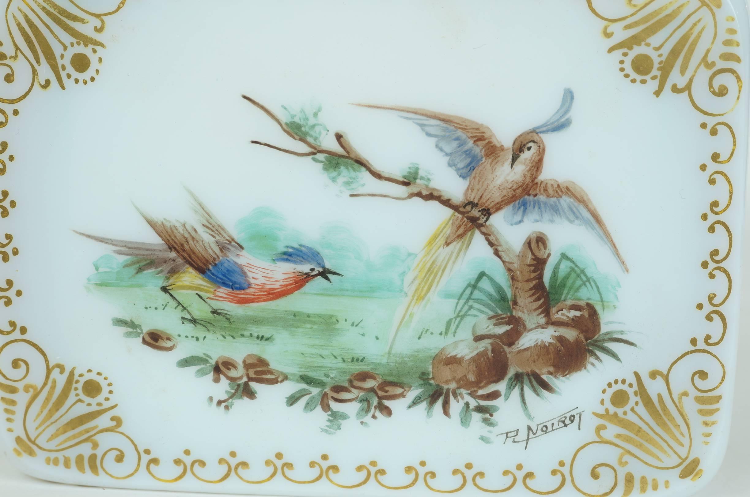 French White Opaline Jewelry Box with Painted Floral and Bird Decorations 1