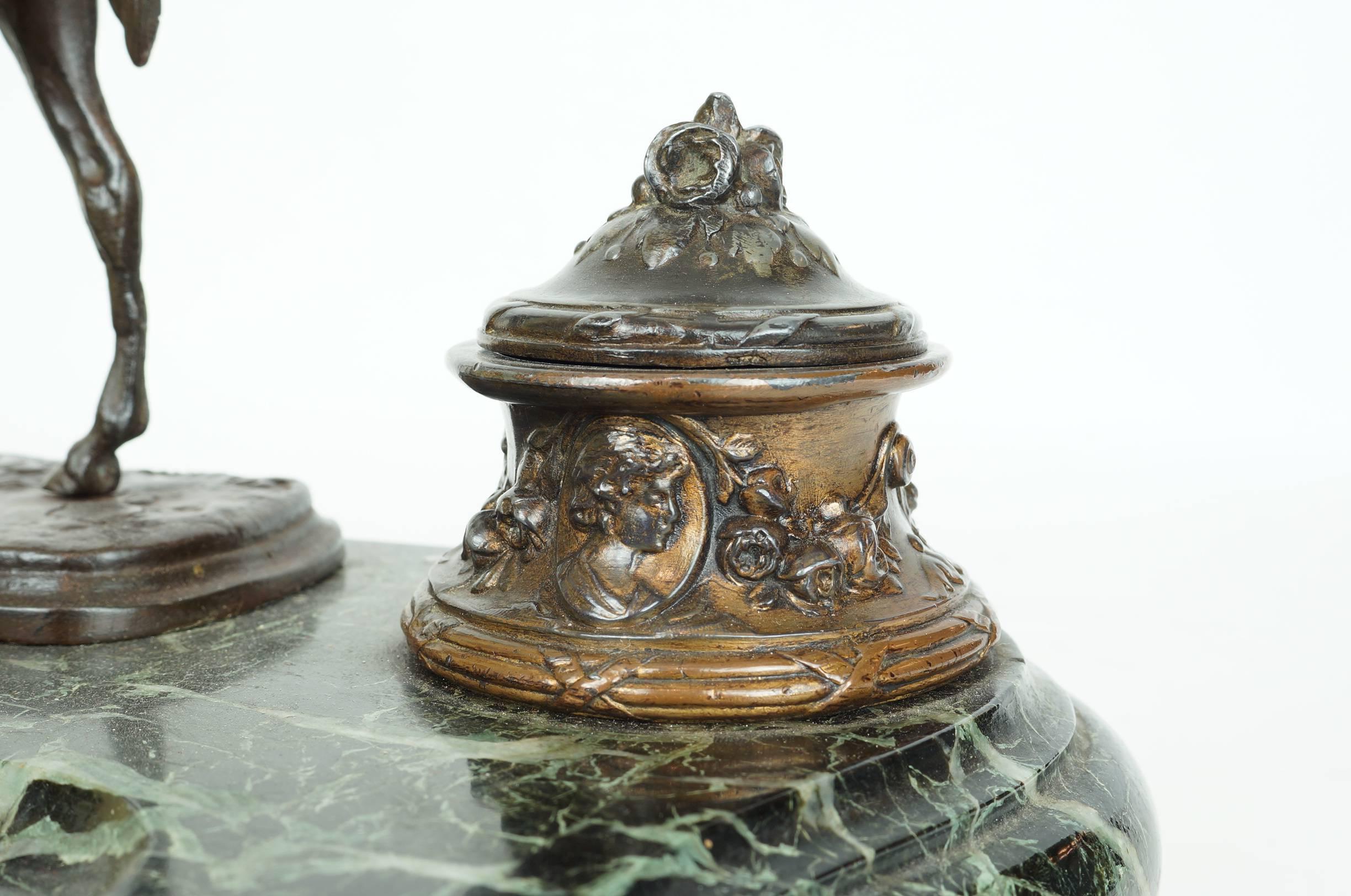 Bronze and Marble Figural Desk Inkwell with a Standing Horse In Good Condition In New York, NY