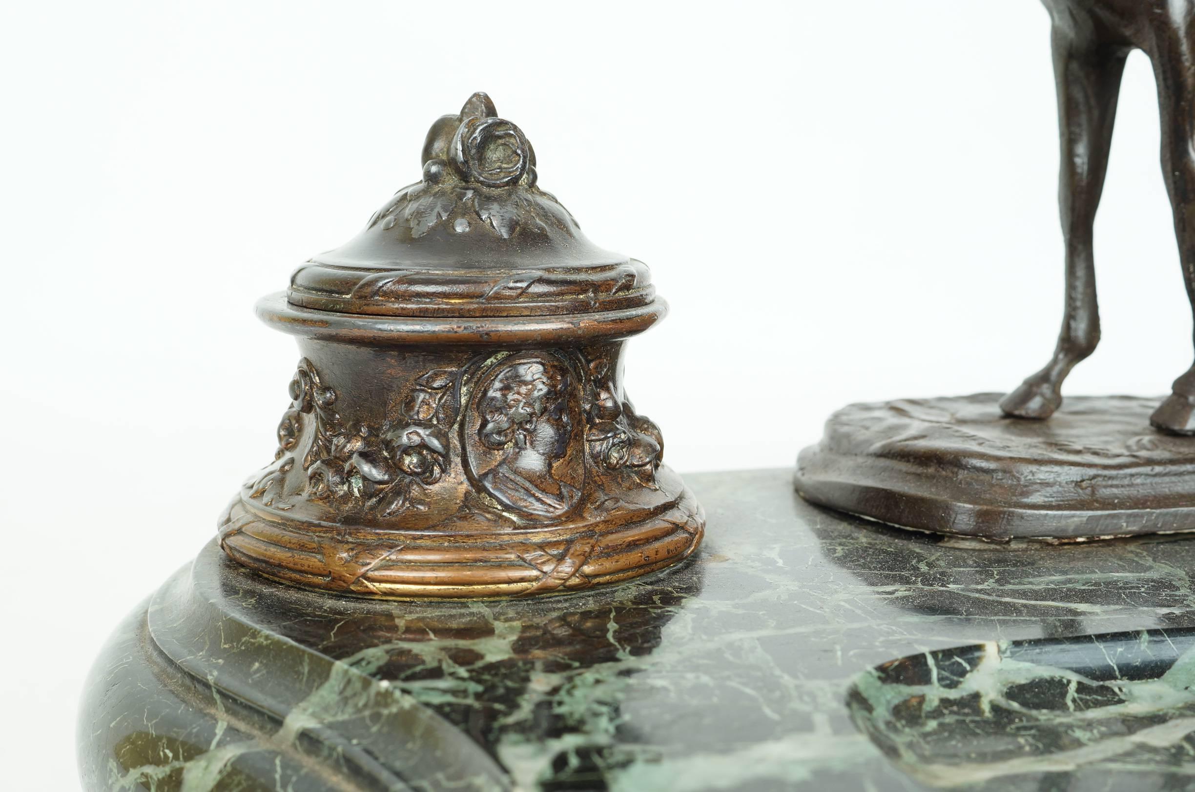 A Bronze and Marble Figural Desk Inkwell with A Standing Horse
Marble base has been repaired.
Stock Number: DA138