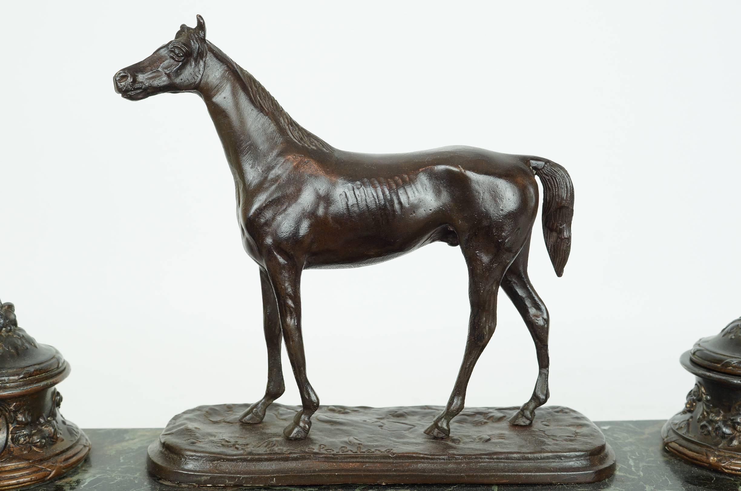 French Bronze and Marble Figural Desk Inkwell with a Standing Horse