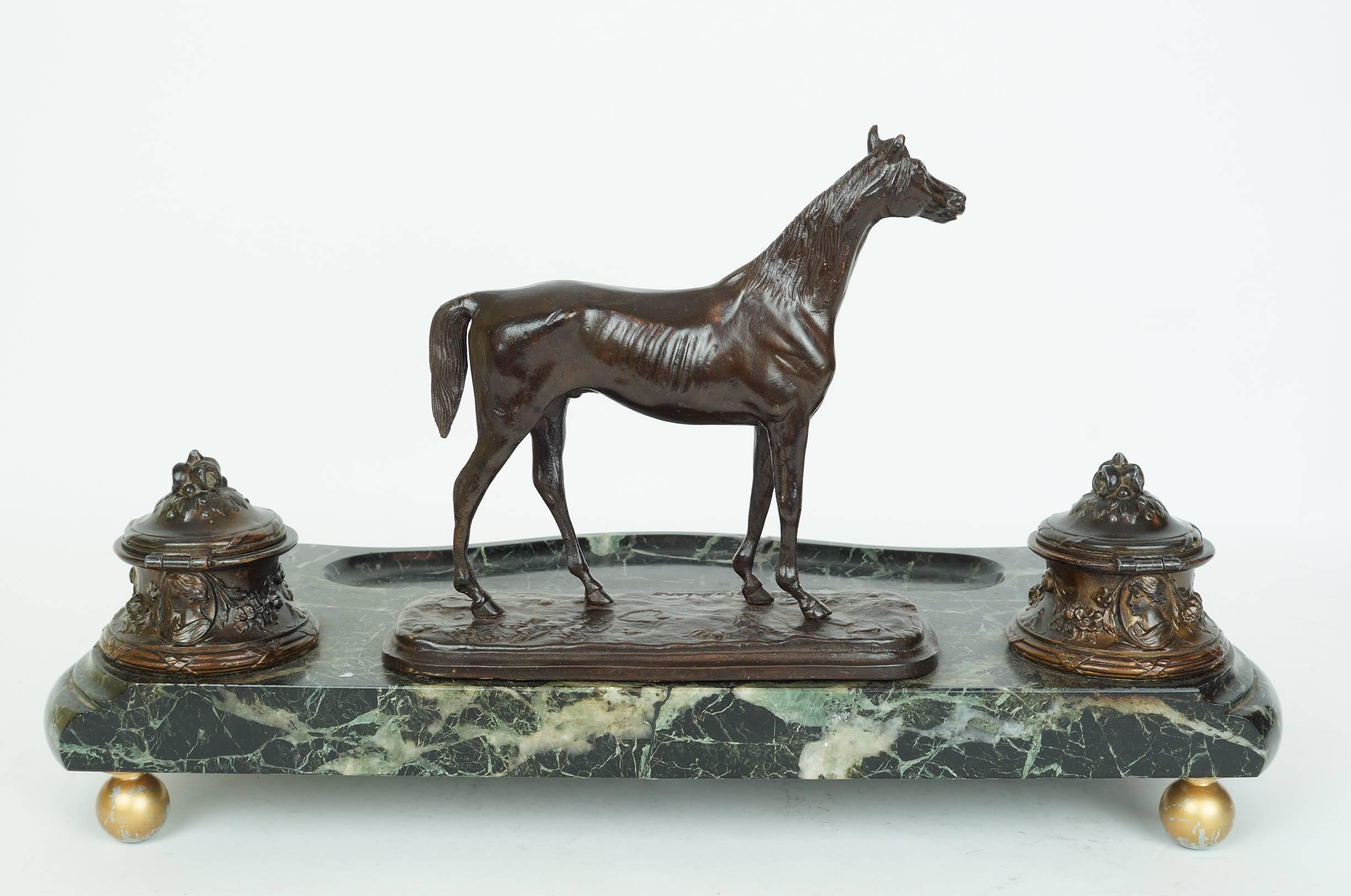 20th Century Bronze and Marble Figural Desk Inkwell with a Standing Horse