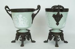 Pair of French Bronze and Green Porcelain Pat Sur Pate Cache Pot Flower Vases