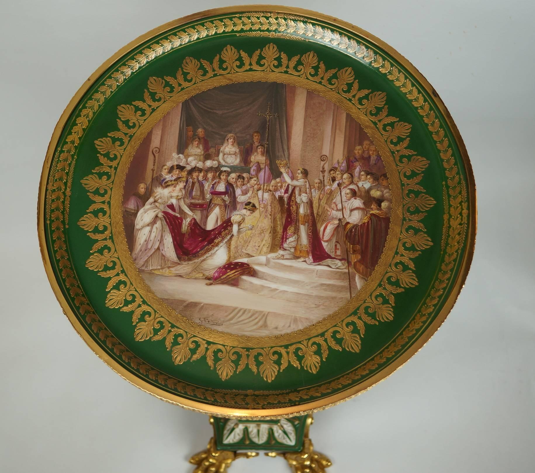 Napoleonic Green Sevres Porcelain Table with Winged Lion Figures In Good Condition For Sale In New York, NY