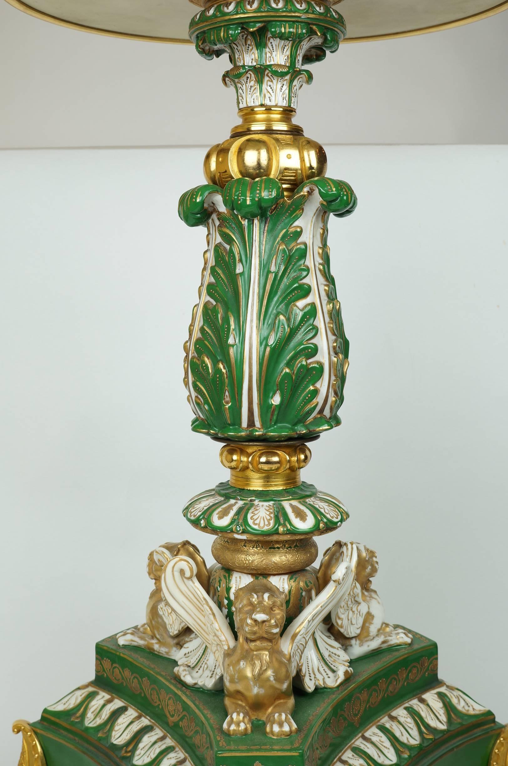 19th Century Napoleonic Green Sevres Porcelain Table with Winged Lion Figures For Sale