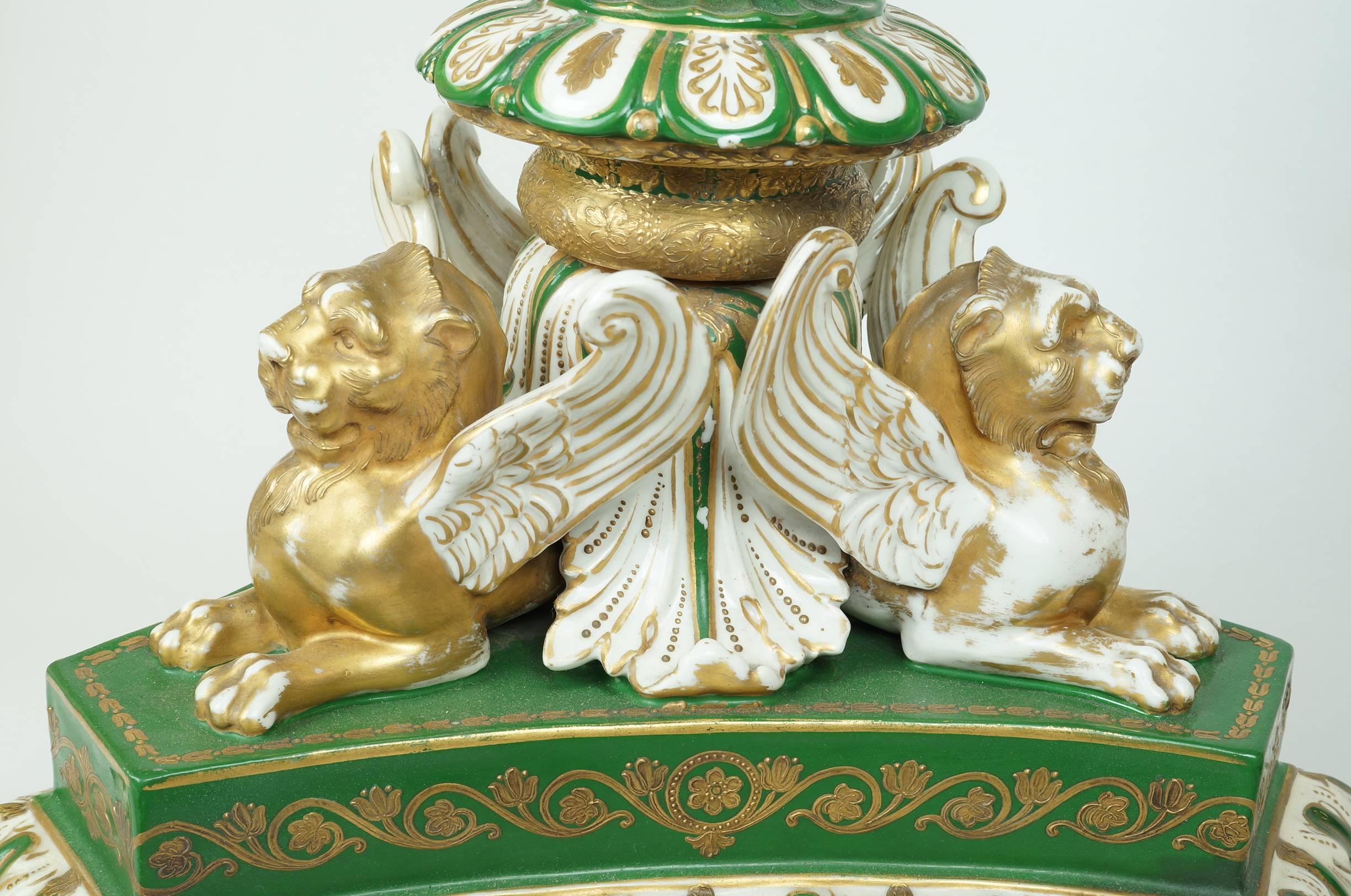 Napoleonic Green Sevres Porcelain Table with Winged Lion Figures For Sale 1