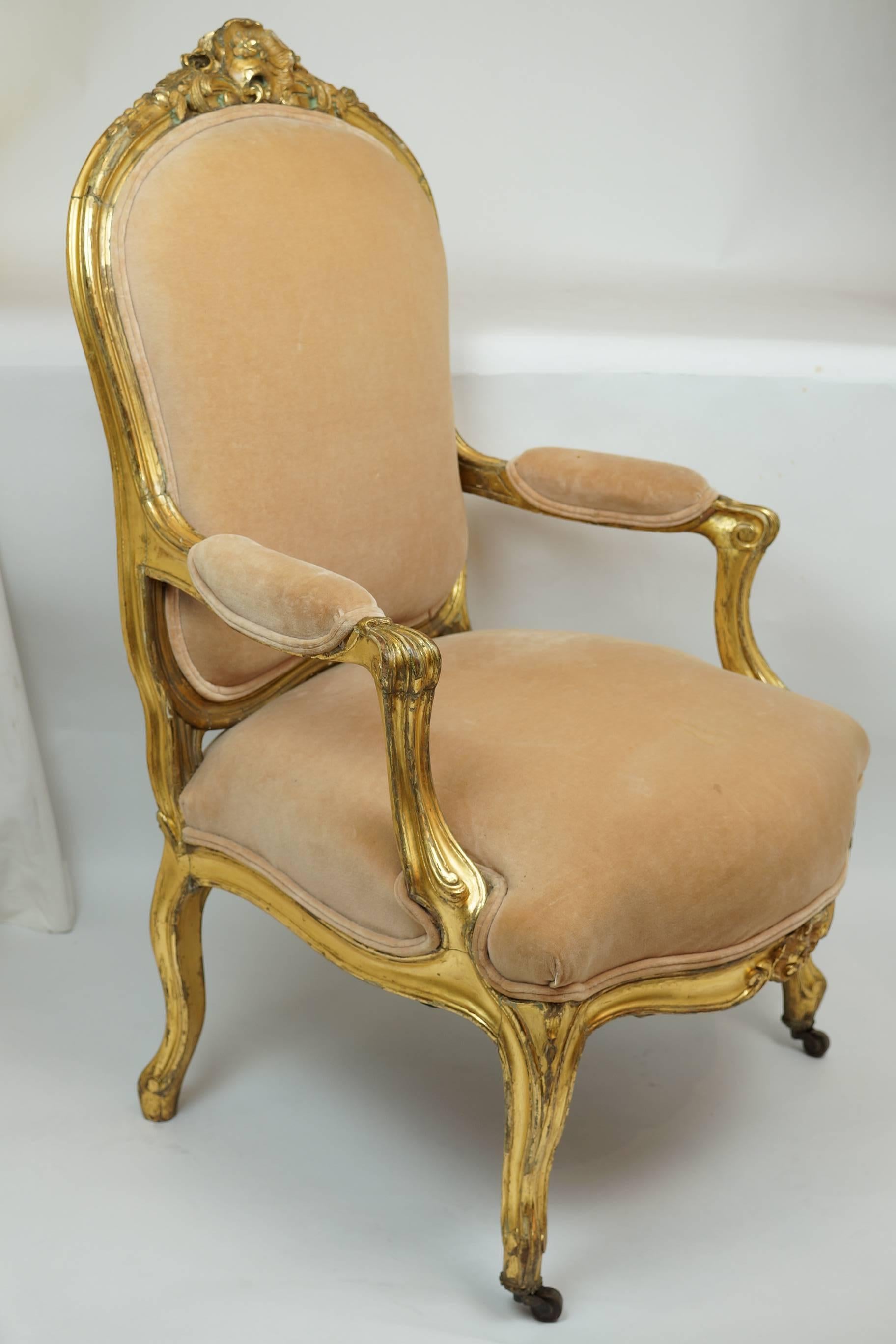 French Pair of Louis XV Style Carved Giltwood Amchairs