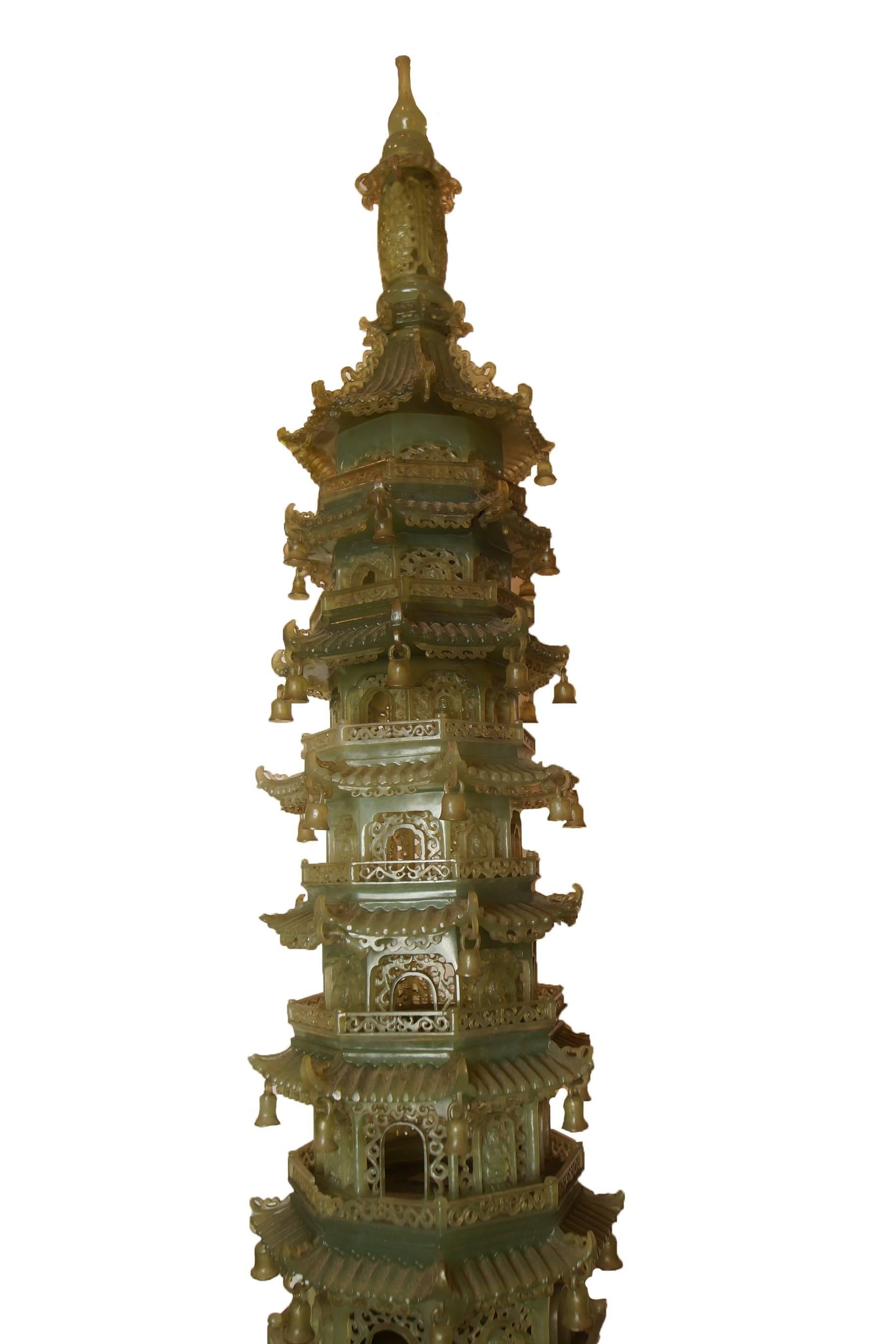 A very large Chinese carved serpentine pagoda.  It is made of 15 different sections that screw in to each other. Probably from the Republic period.