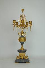 Pair French 19th Century Neo-Grecian Gilt Bronze Bleu Turquin Marble Candelabra
