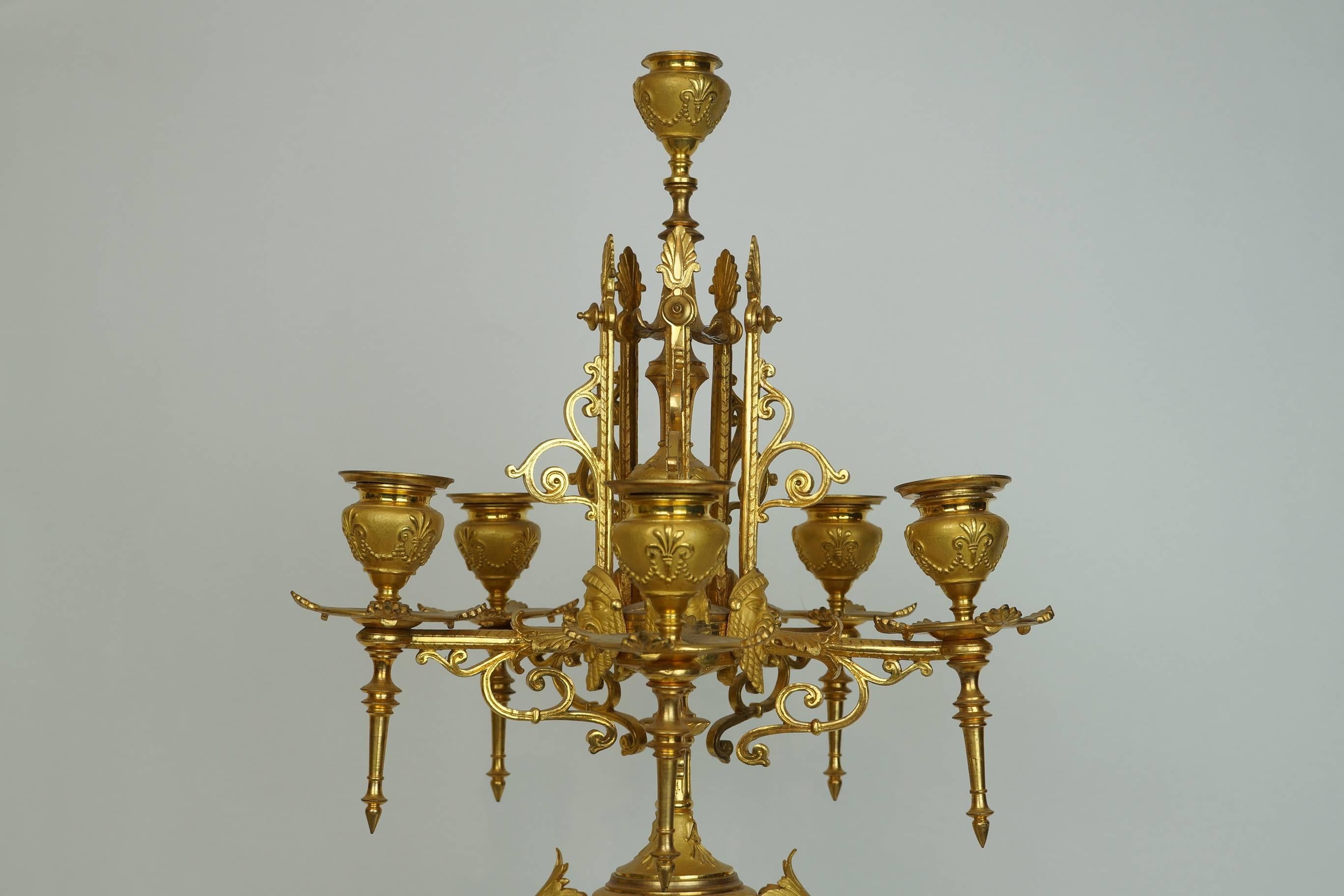 Greek Revival Pair French 19th Century Neo-Grecian Gilt Bronze Bleu Turquin Marble Candelabra For Sale