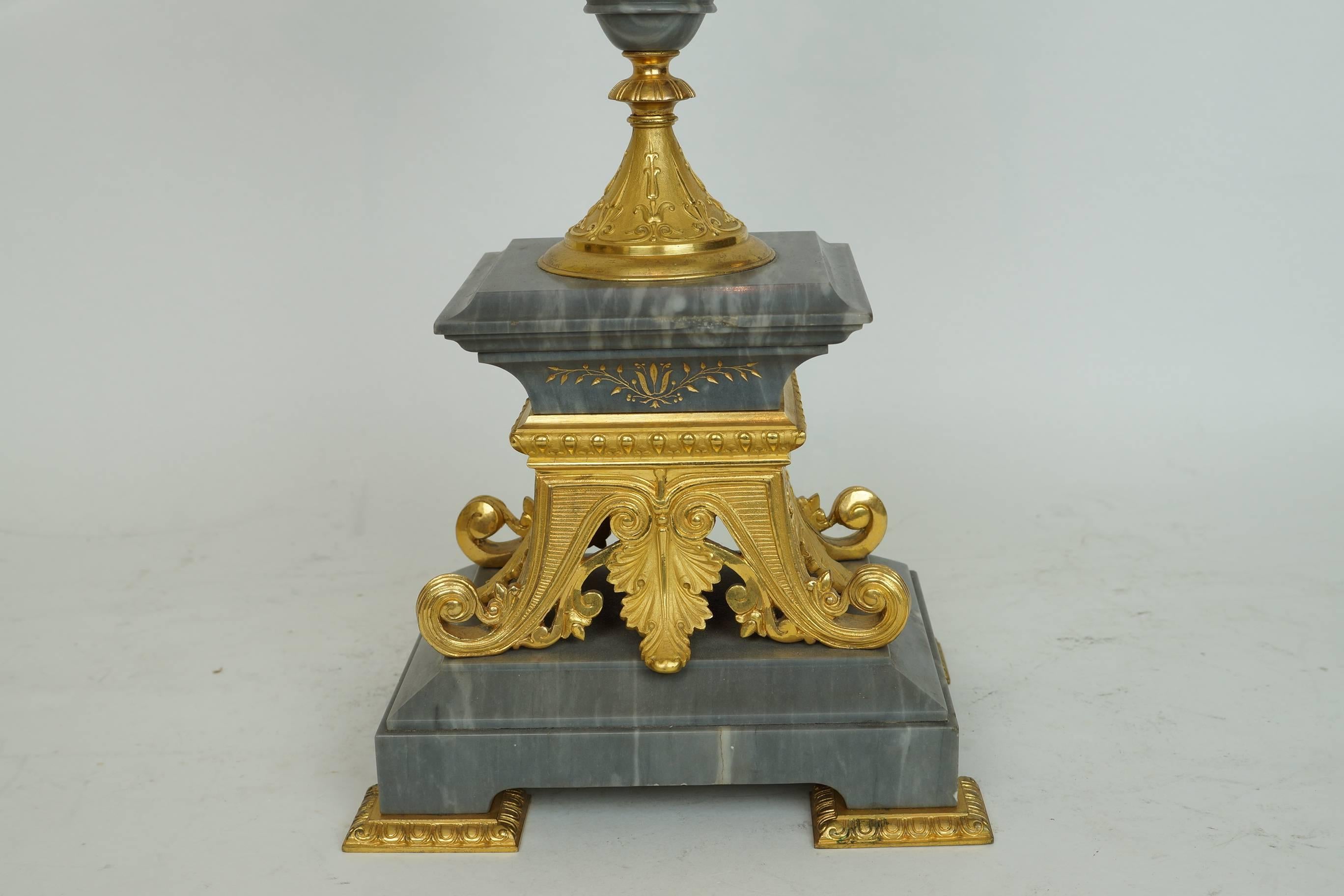 Pair French 19th Century Neo-Grecian Gilt Bronze Bleu Turquin Marble Candelabra For Sale 1