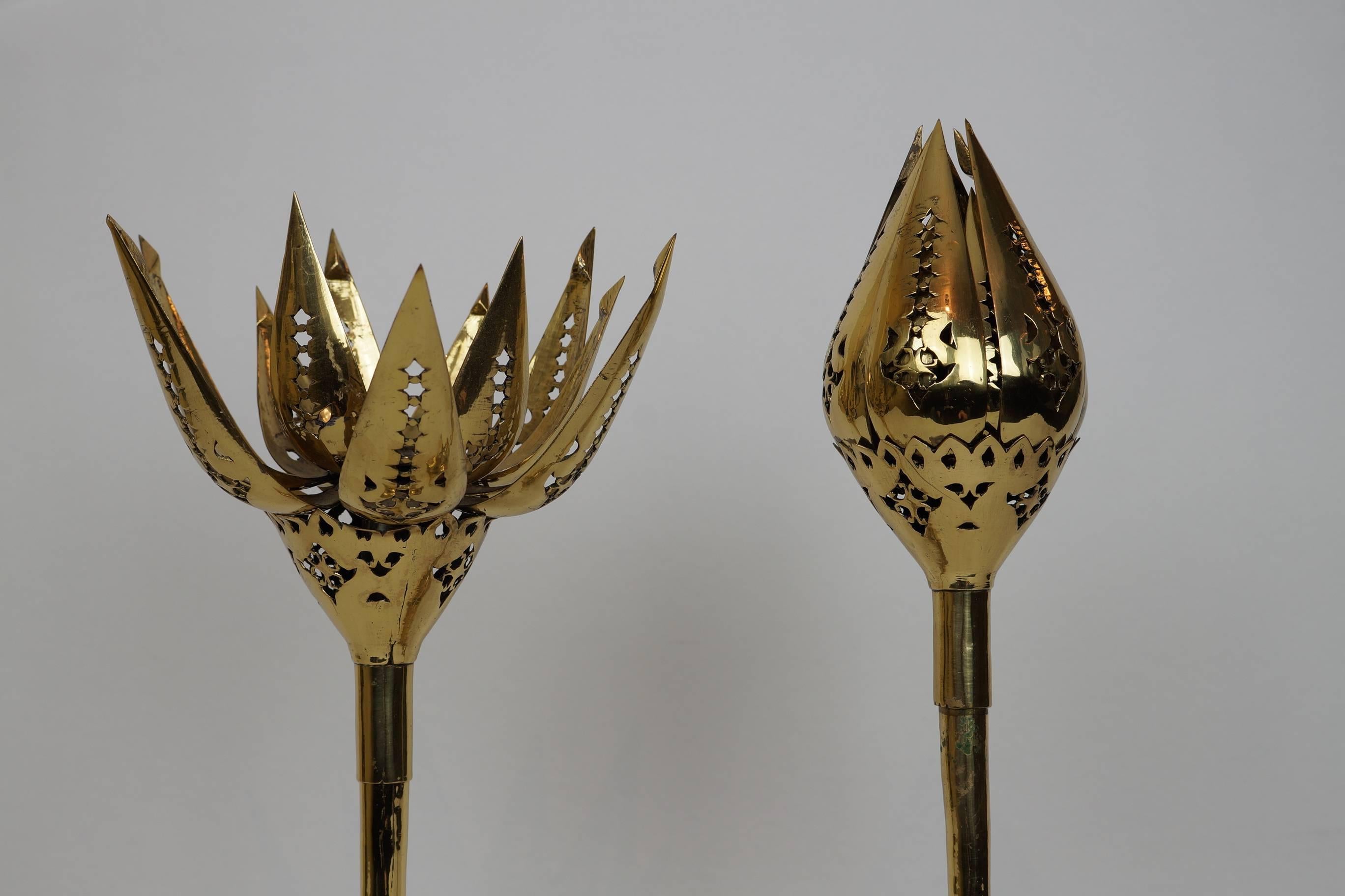 20th Century Unusual Pair of Tulip Form Brass Candleholders