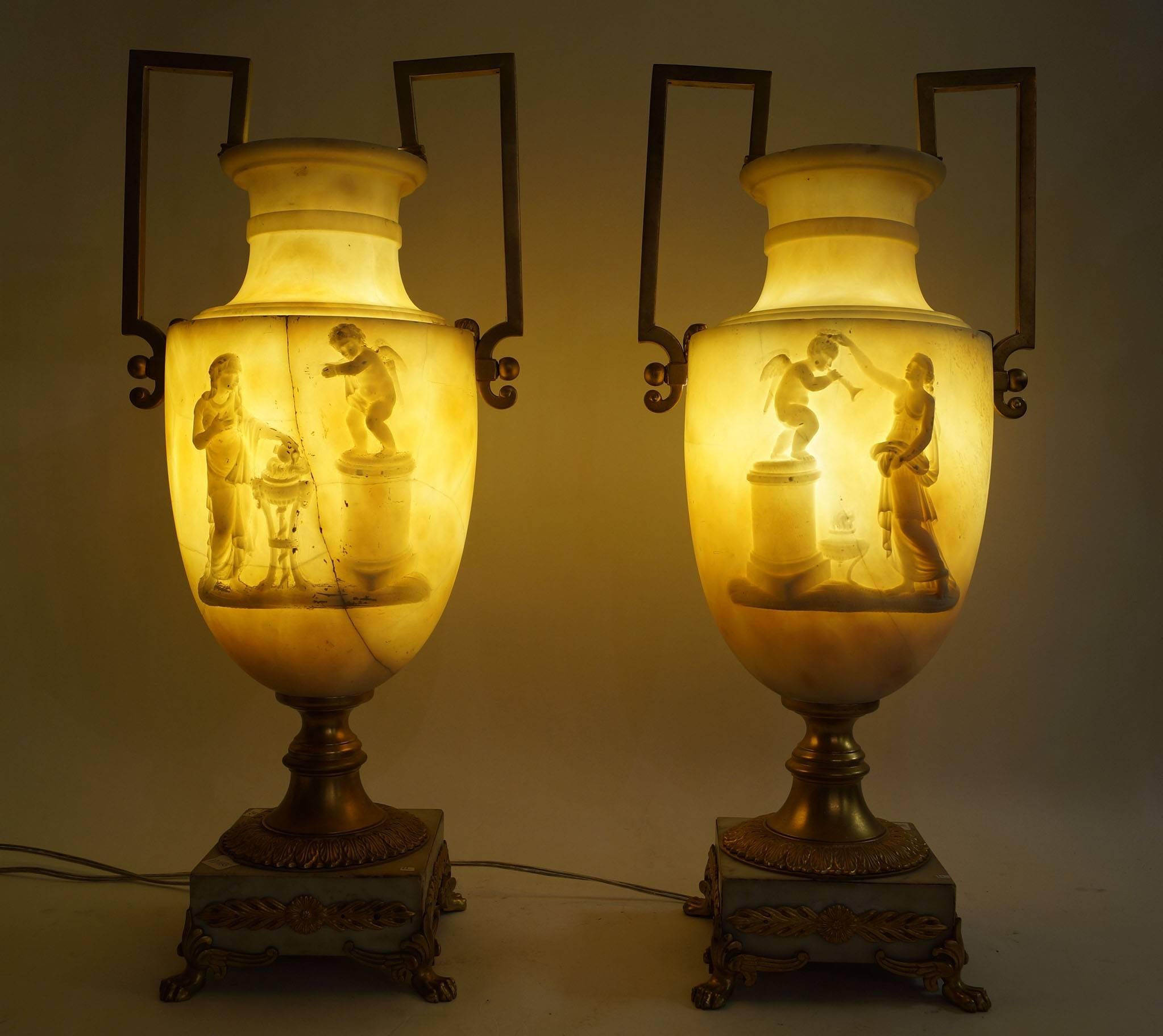 Pair of 19 century Italian Alabaster  and Bronze Neoclassical Urns/ Lamps 1