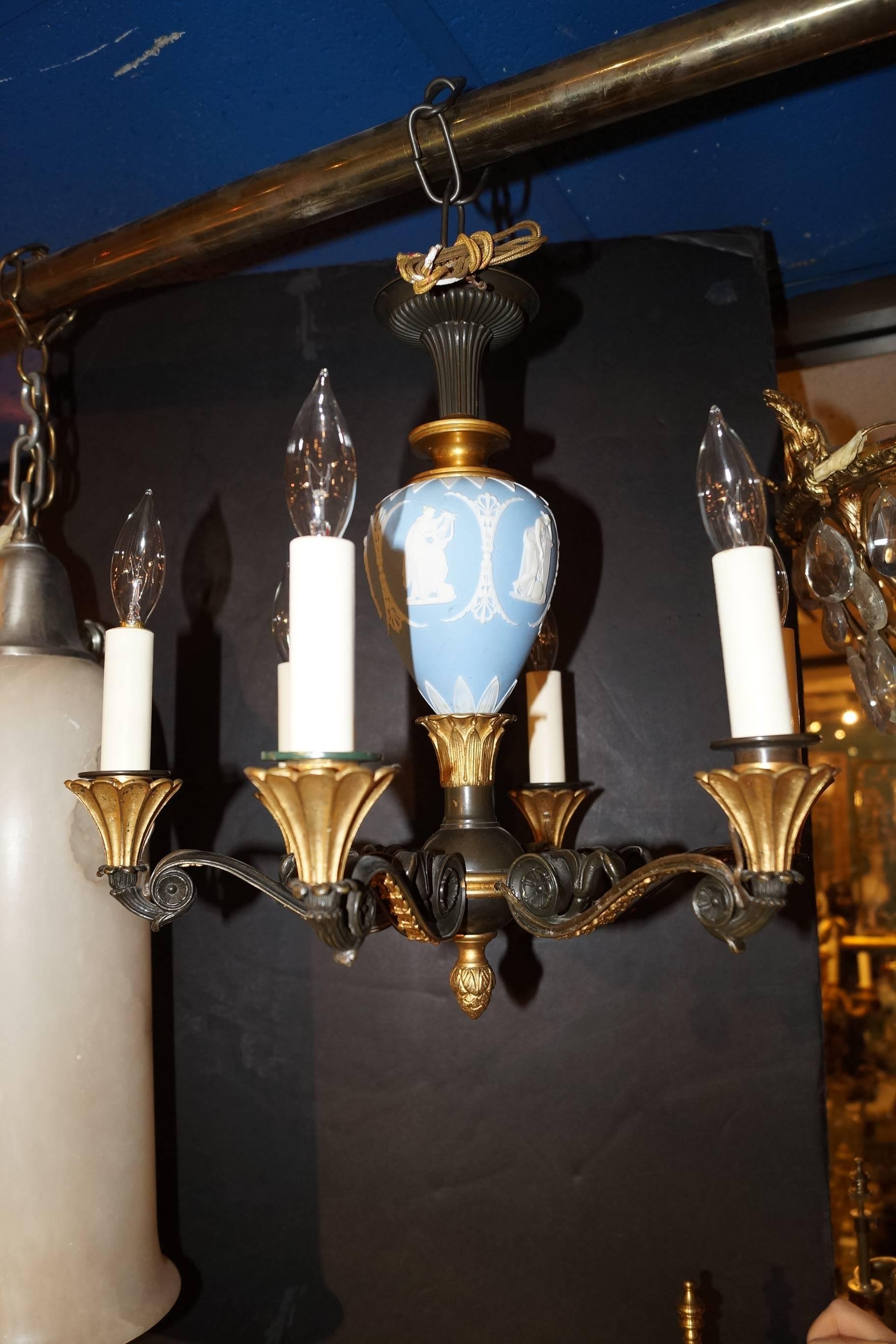French Neoclassical Pair of Blue Wedgwood and Bronze Six-Arm Chandeliers