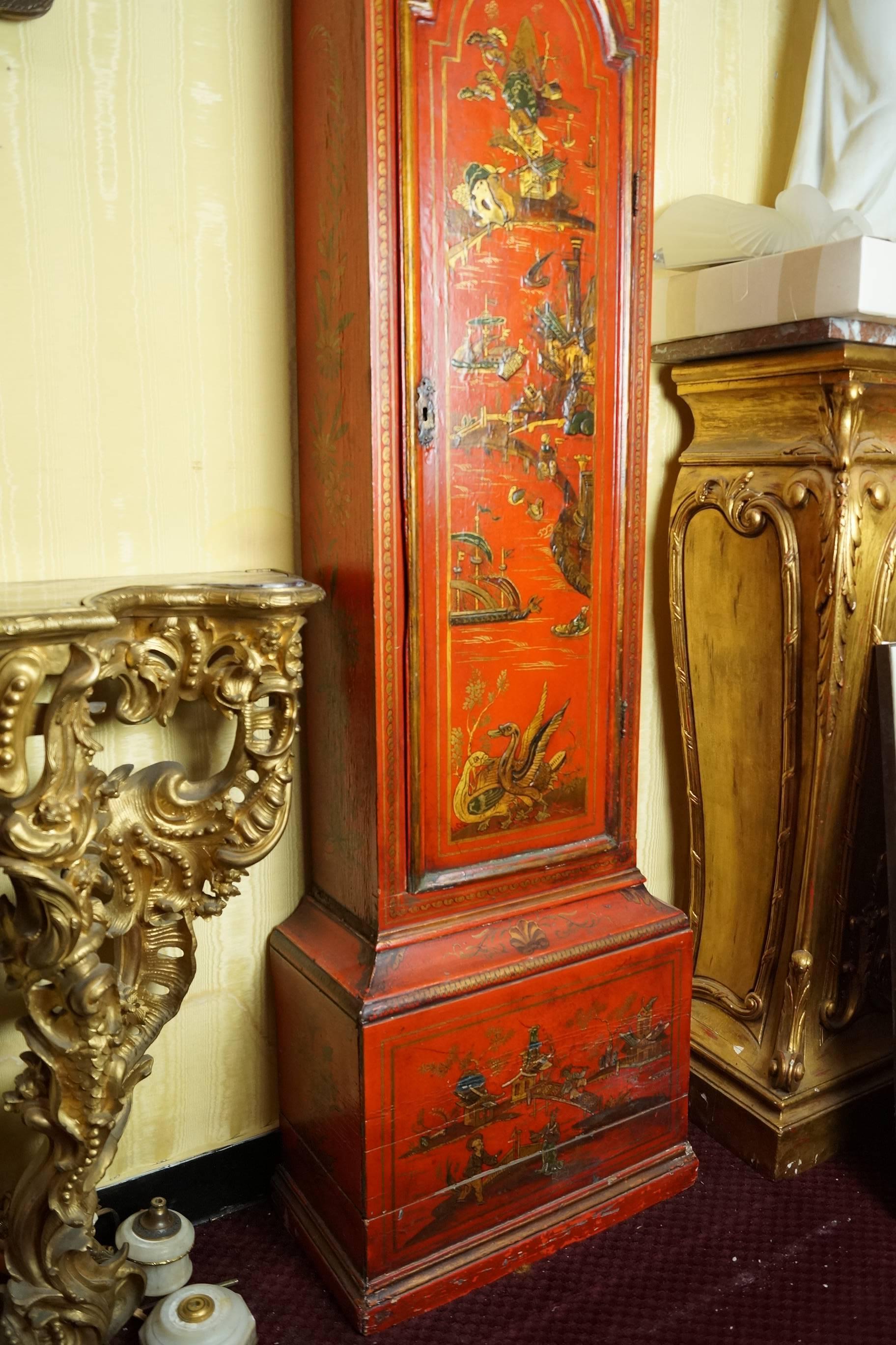 Tall Chinoiserie Red Painted Grandfather Clock In Good Condition In New York, NY