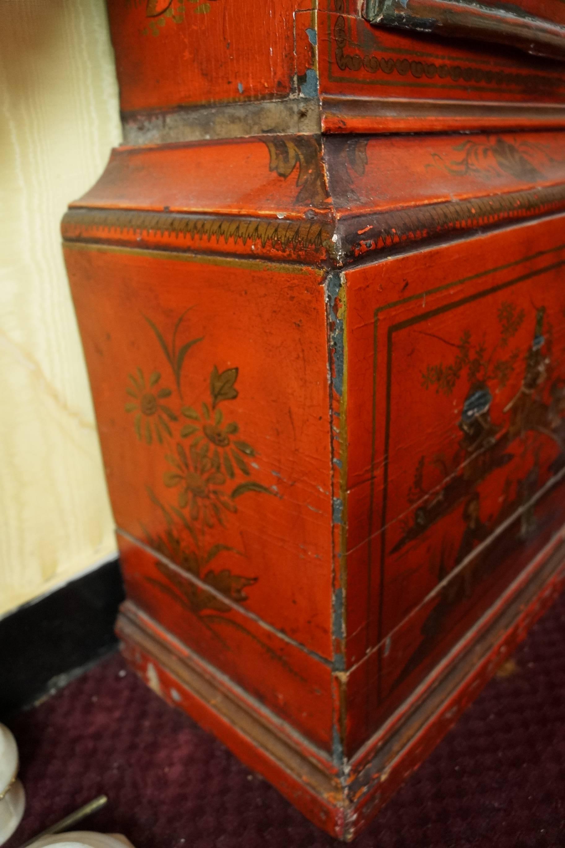 Tall chinoiserie red painted grandfather clock.
Stock number: CC55.