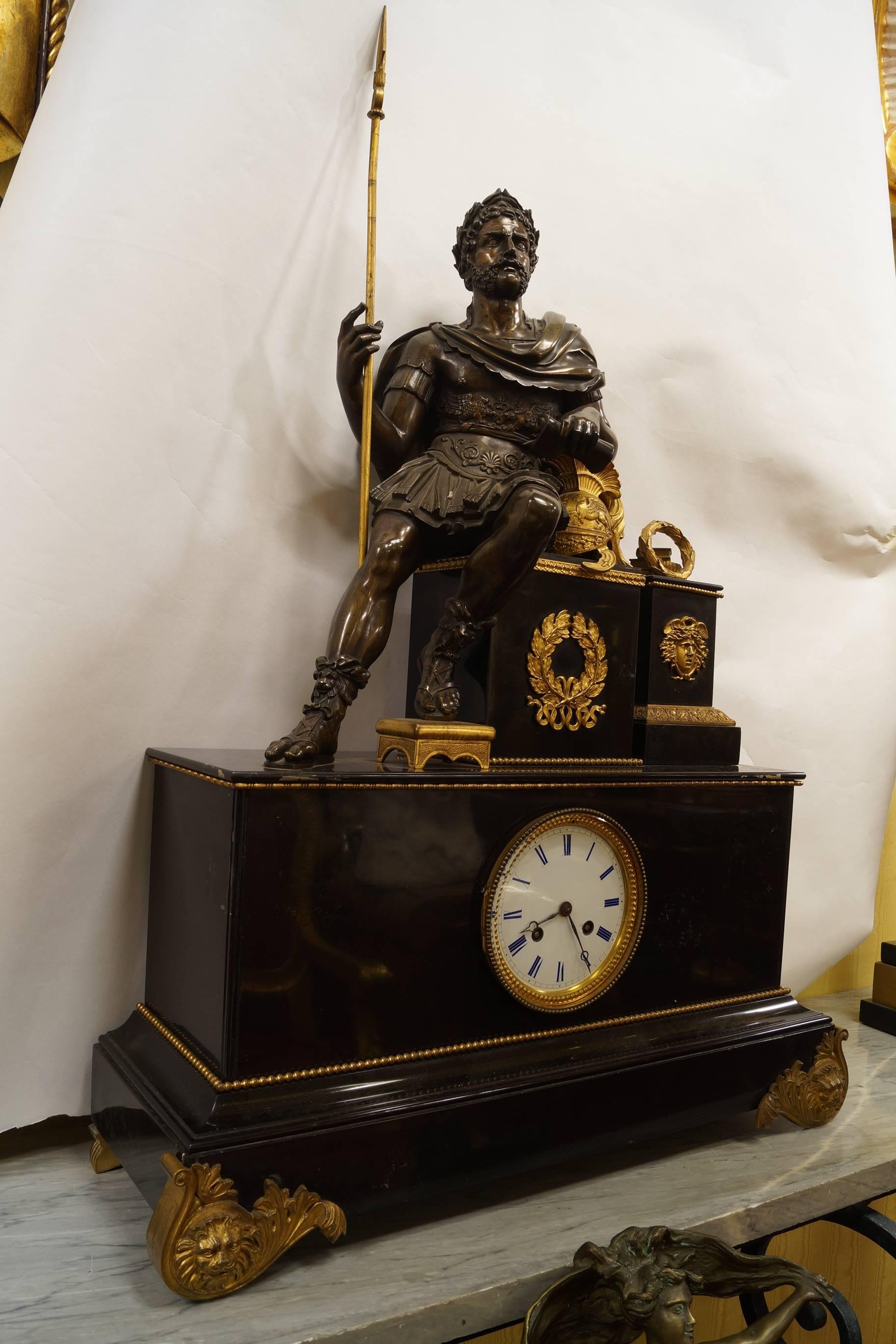 A very large French Empire style bronze figural mantel clock with seated Roman soldier of very fine quality casting.
Stock Number: CC54.