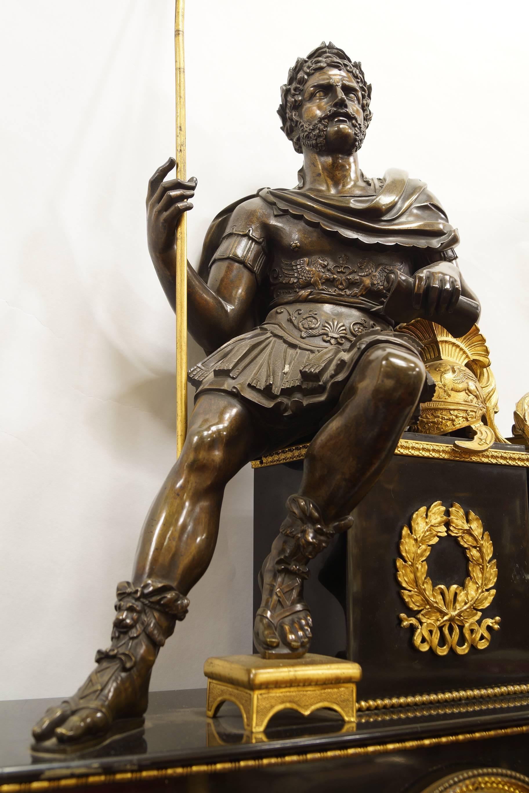 French Empire Style Bronze Figural Mantel Clock with Seated Roman Soldier In Fair Condition In New York, NY
