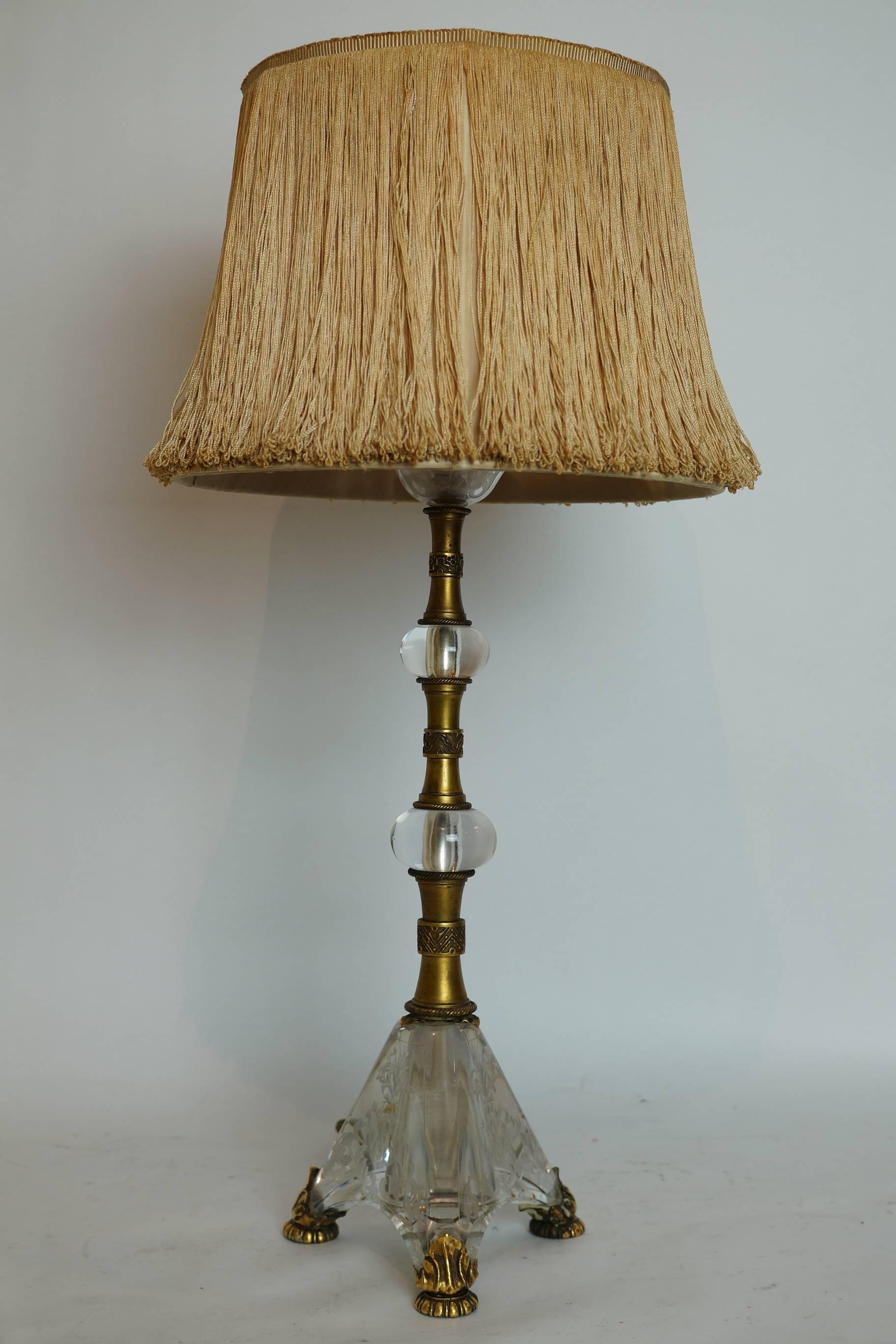 North American Pair of Etched Glass and Gilt Metal Table Lamps Attributed to E F Caldwell