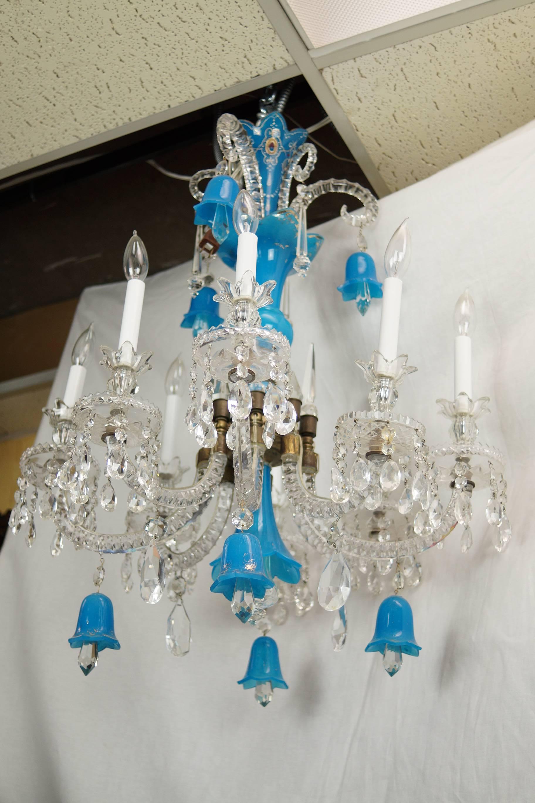 French 19th century blue opaline and clear glass chandelier.
 