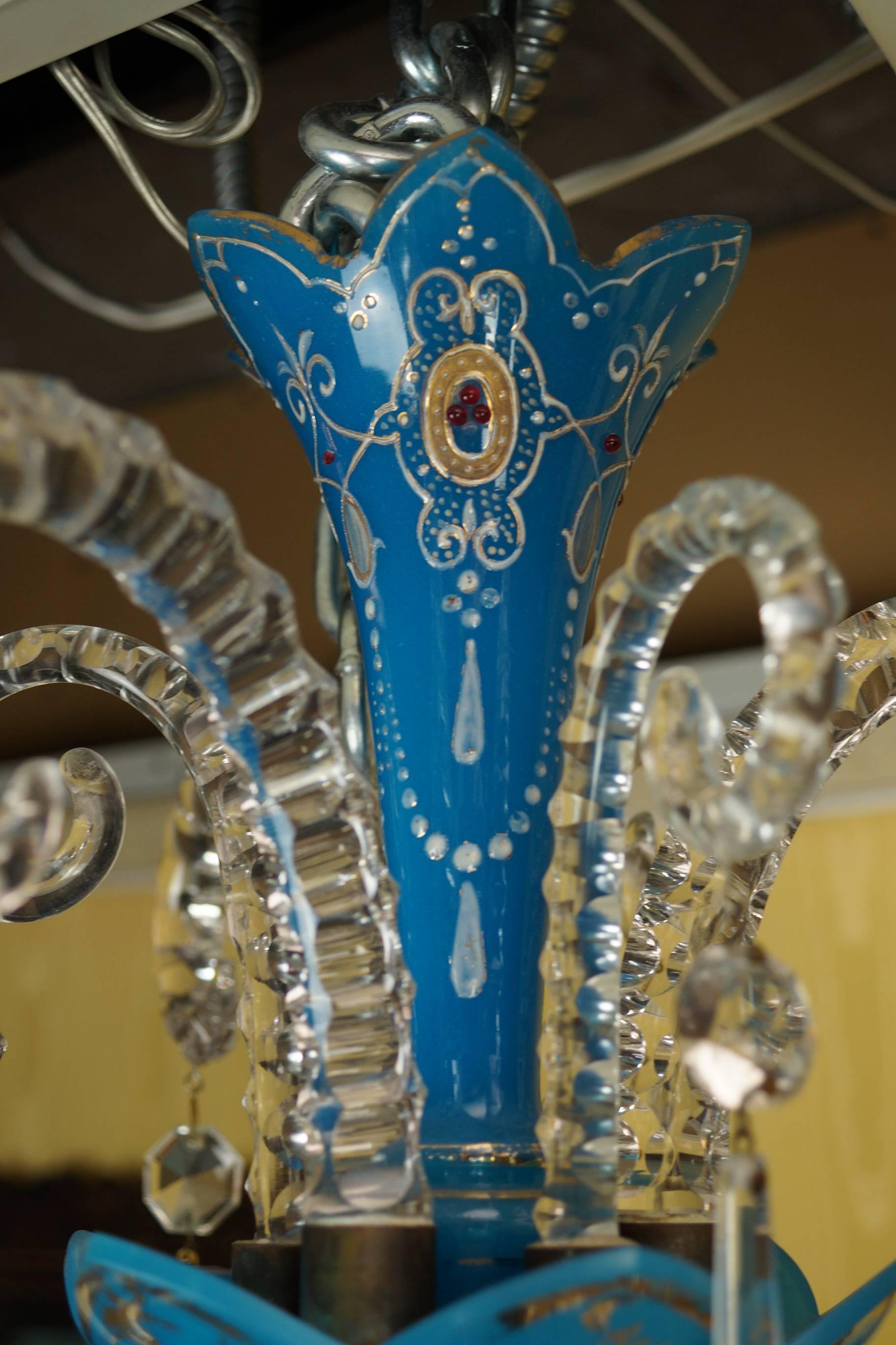 Blue Opaline and Clear Glass Chandelier In Fair Condition In New York, NY