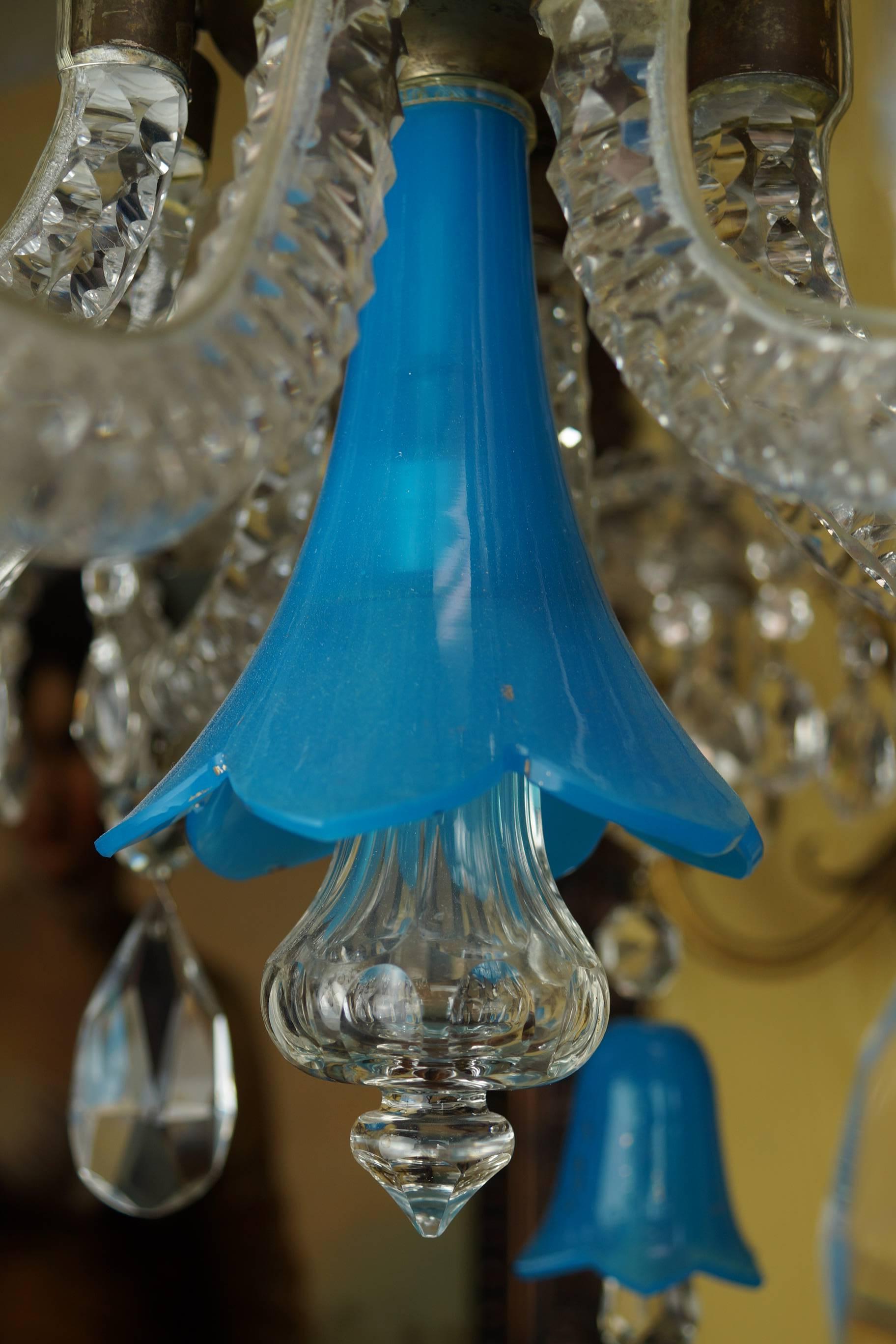 19th Century Blue Opaline and Clear Glass Chandelier