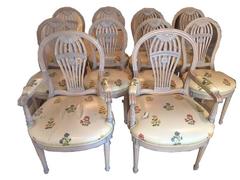 Vintage Set of Ten Louis XVI Style Cream Painted Balloon Back Dinning Chairs