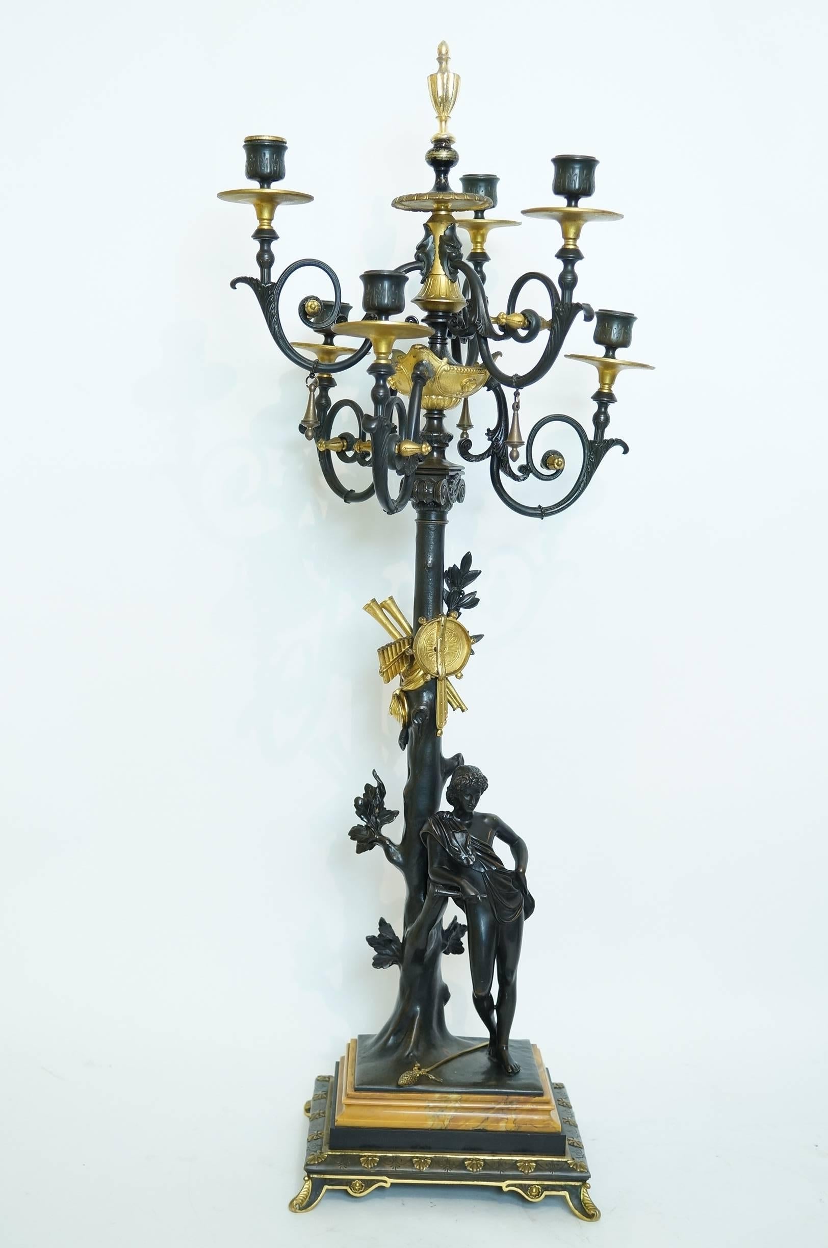 Pair of Neoclassical Bronze Two-Tone Figural Candelabra For Sale 2