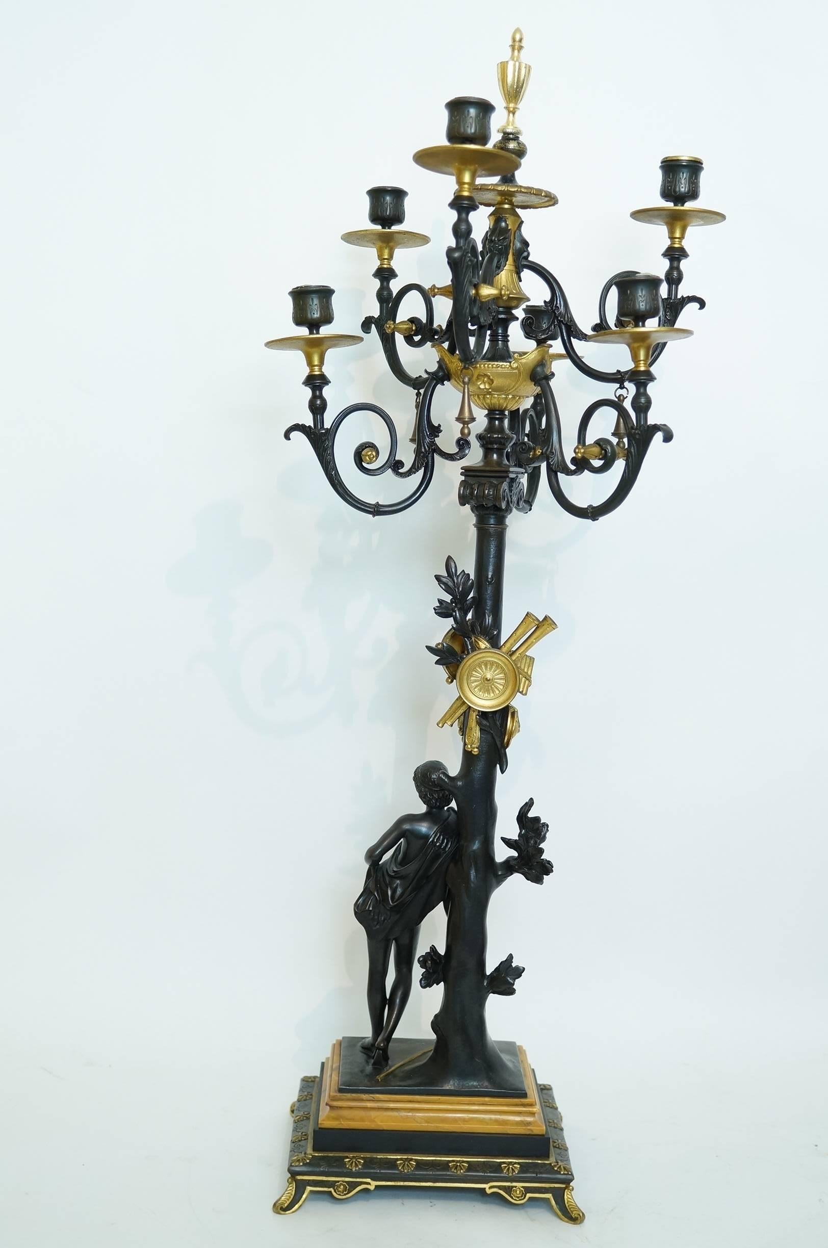 Pair of Neoclassical Bronze Two-Tone Figural Candelabra For Sale 1