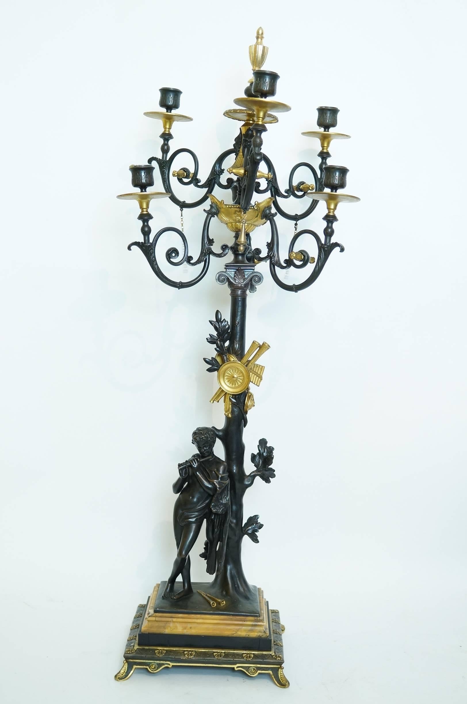 Late 19th Century Pair of Neoclassical Bronze Two-Tone Figural Candelabra For Sale