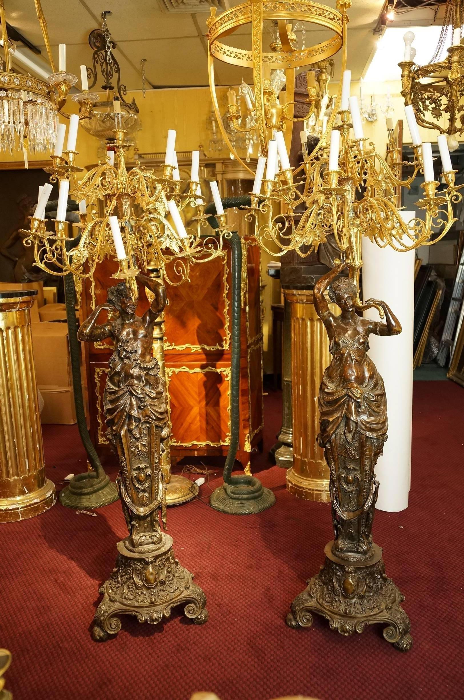 Large pair of gilt and patinated bronze figural torcheres.
French, circa 1940s
Stock number: LL36.