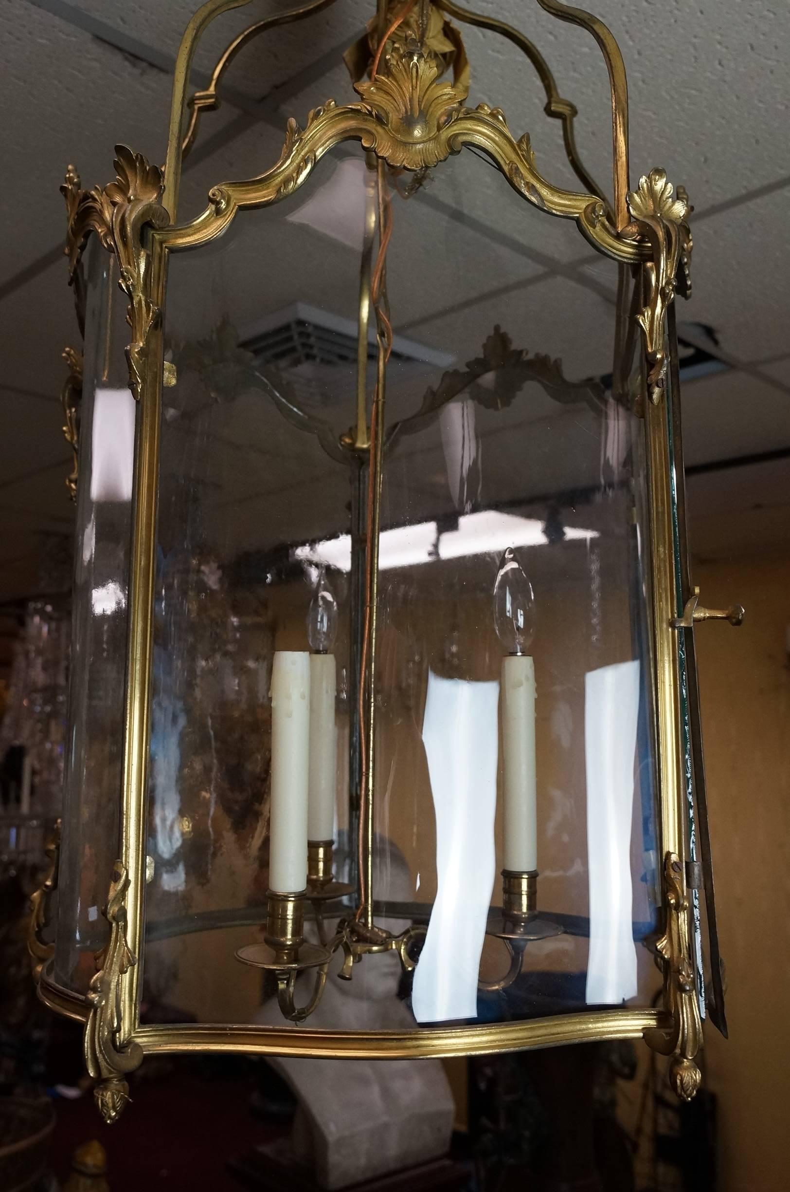 Cast French Louis XVI Style Bronze and Glass Lantern