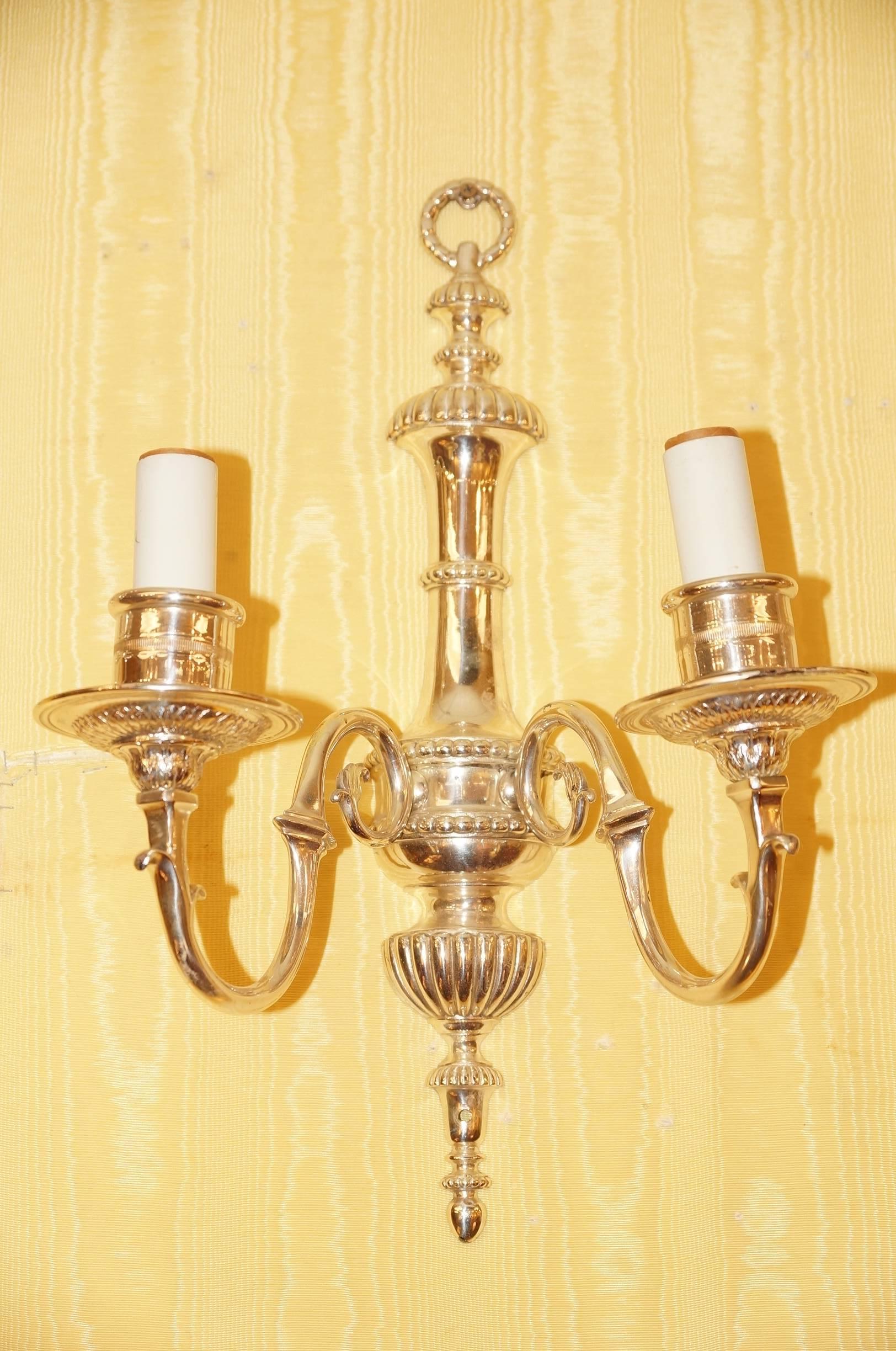 20th Century Set of Four Caldwell Style Silvered Metal Two-Arm Wall Light Sconces For Sale