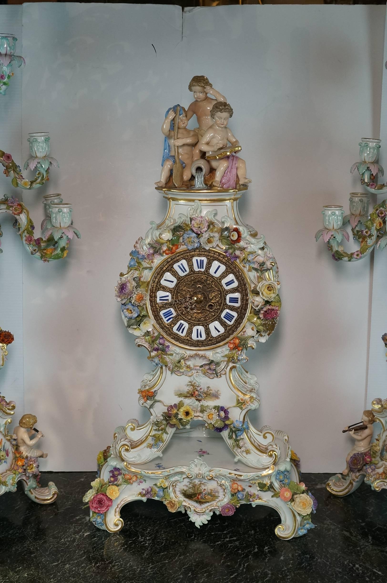 Late 19th Century Very Large Three-Piece Meissen Porcelain Figural Flower Encrusted Clock Set