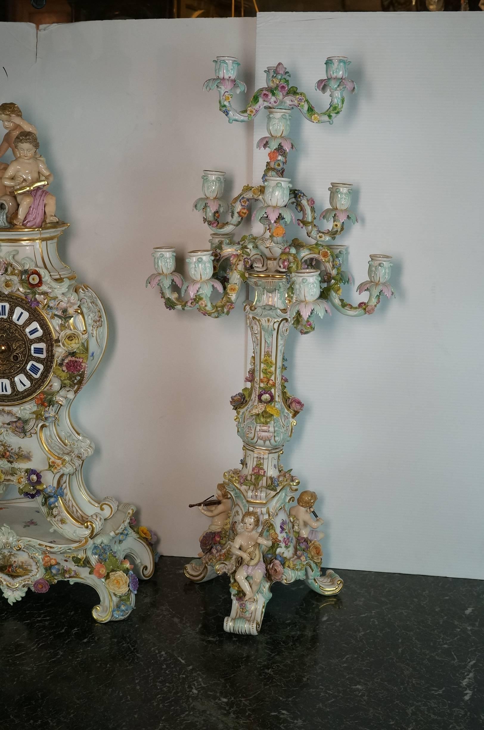 German Very Large Three-Piece Meissen Porcelain Figural Flower Encrusted Clock Set