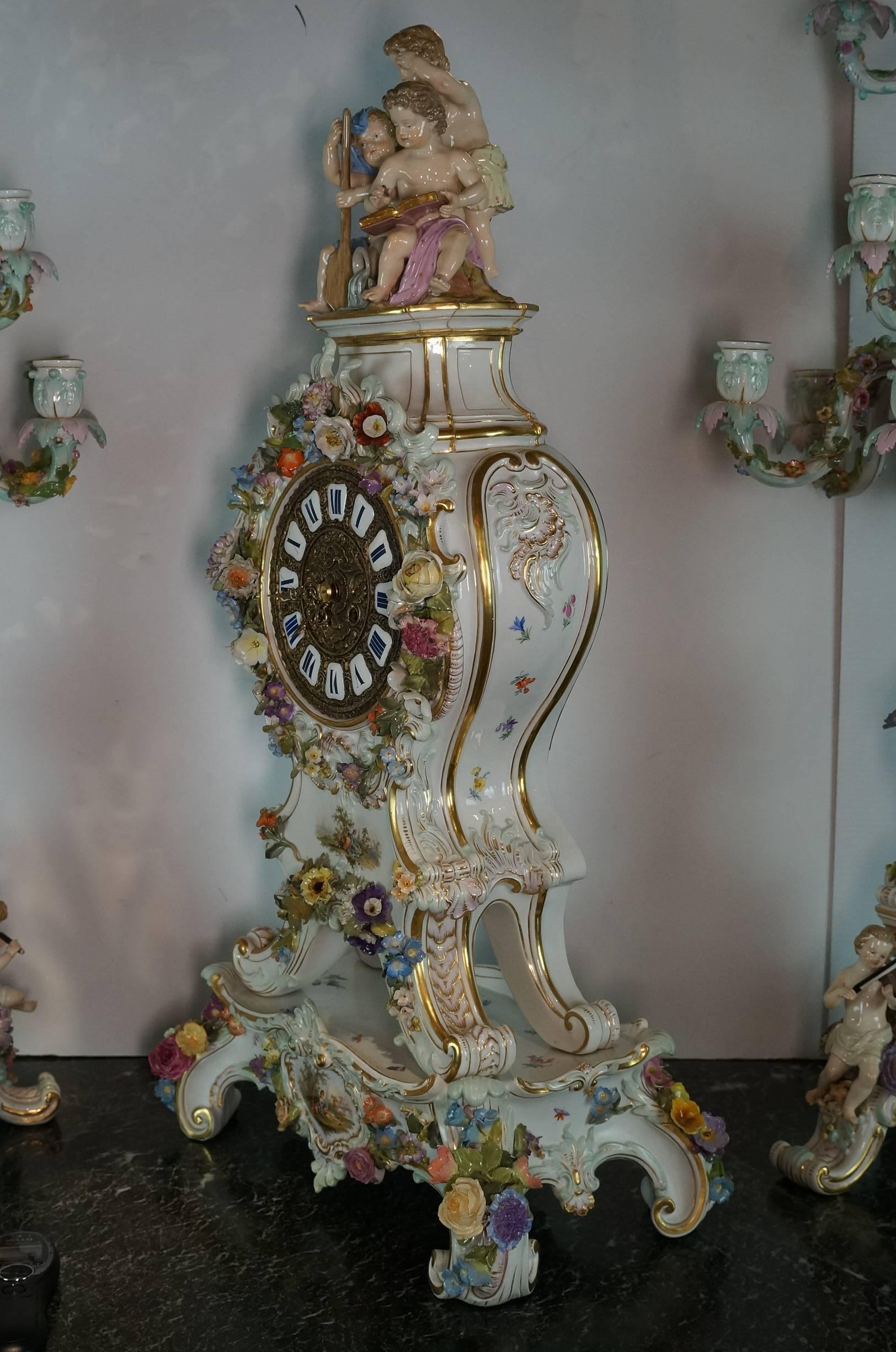 Very Large Three-Piece Meissen Porcelain Figural Flower Encrusted Clock Set 1