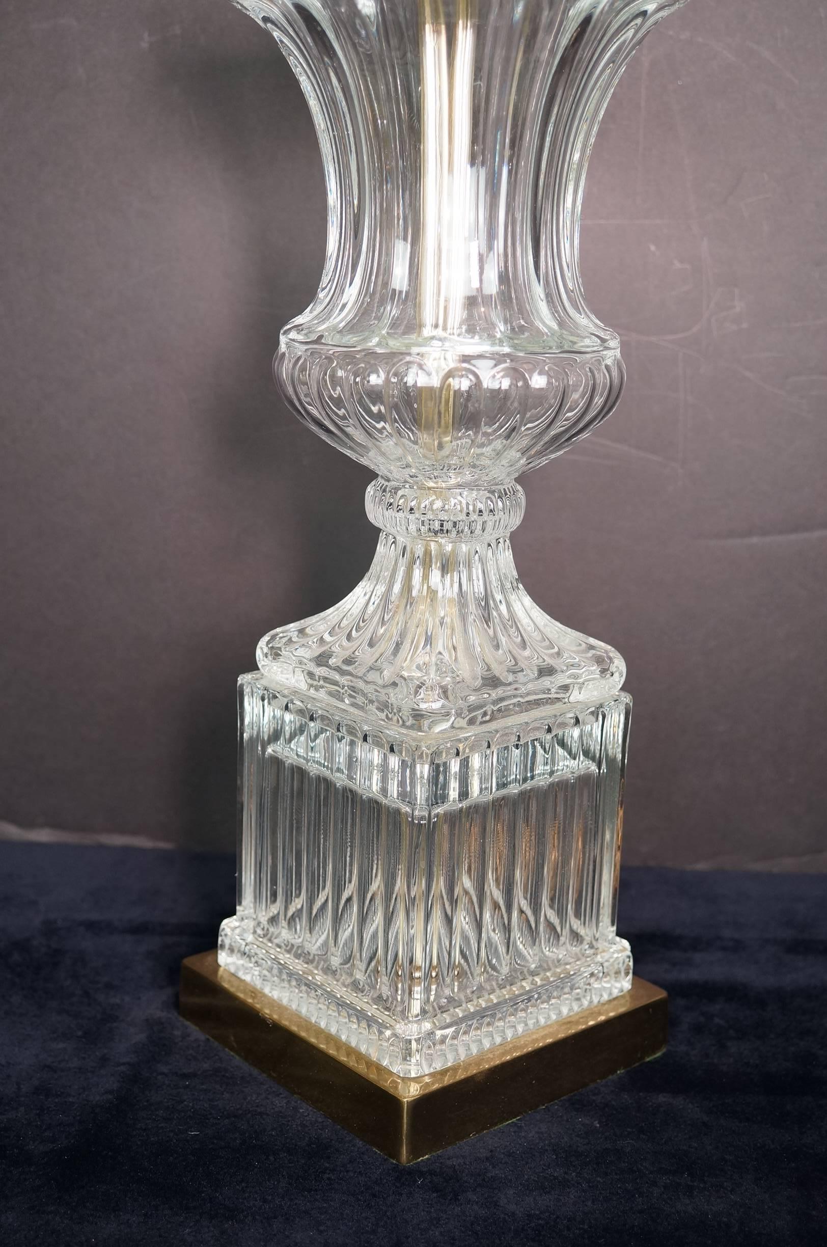 Pair of Clear Glass Baccarat Style Campana Form Urn Table Lamps In Good Condition In New York, NY