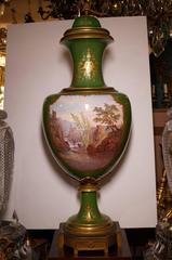 Magnificent Green Sevres Porcelain Covered Urn with Unusual Painted Harbor Scene
