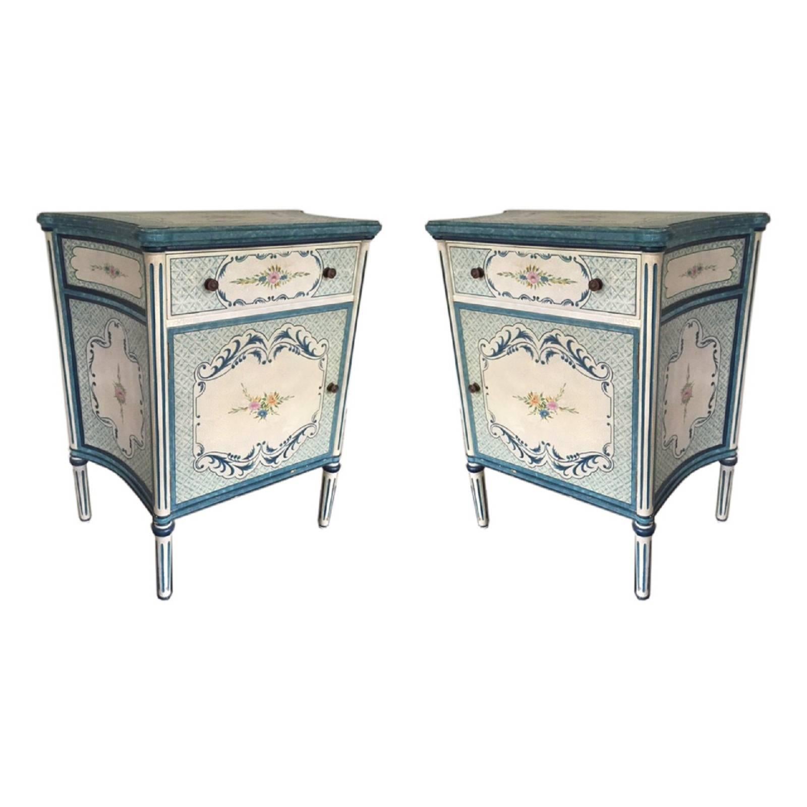 Pair of French Provincial Style Hand-Painted Side Table Commodes