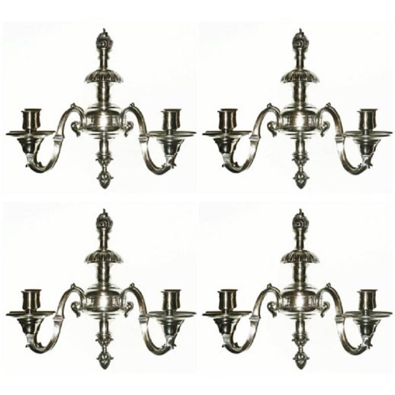 Set of Four Regency Style Silvered Bronze Two-Arm Sconces