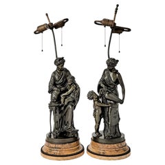 Pair Antique Figurative Bronze Table Lamps After Louis Sauvageau