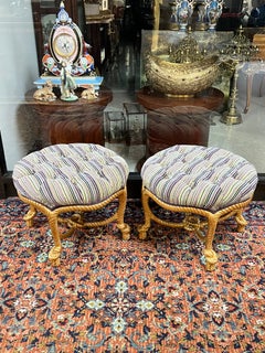 Pair French Napoleon III Style Rope Twist Upholstered Stools / Ottomans