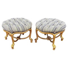 Pair French Napoleon III Style Rope Twist Upholstered Stools / Ottomans